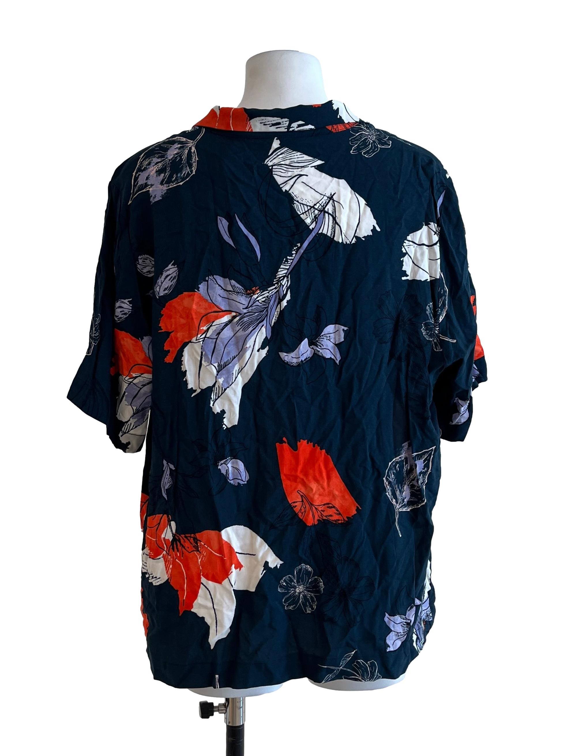Dark Blue Floral Printed Short Sleeve Top