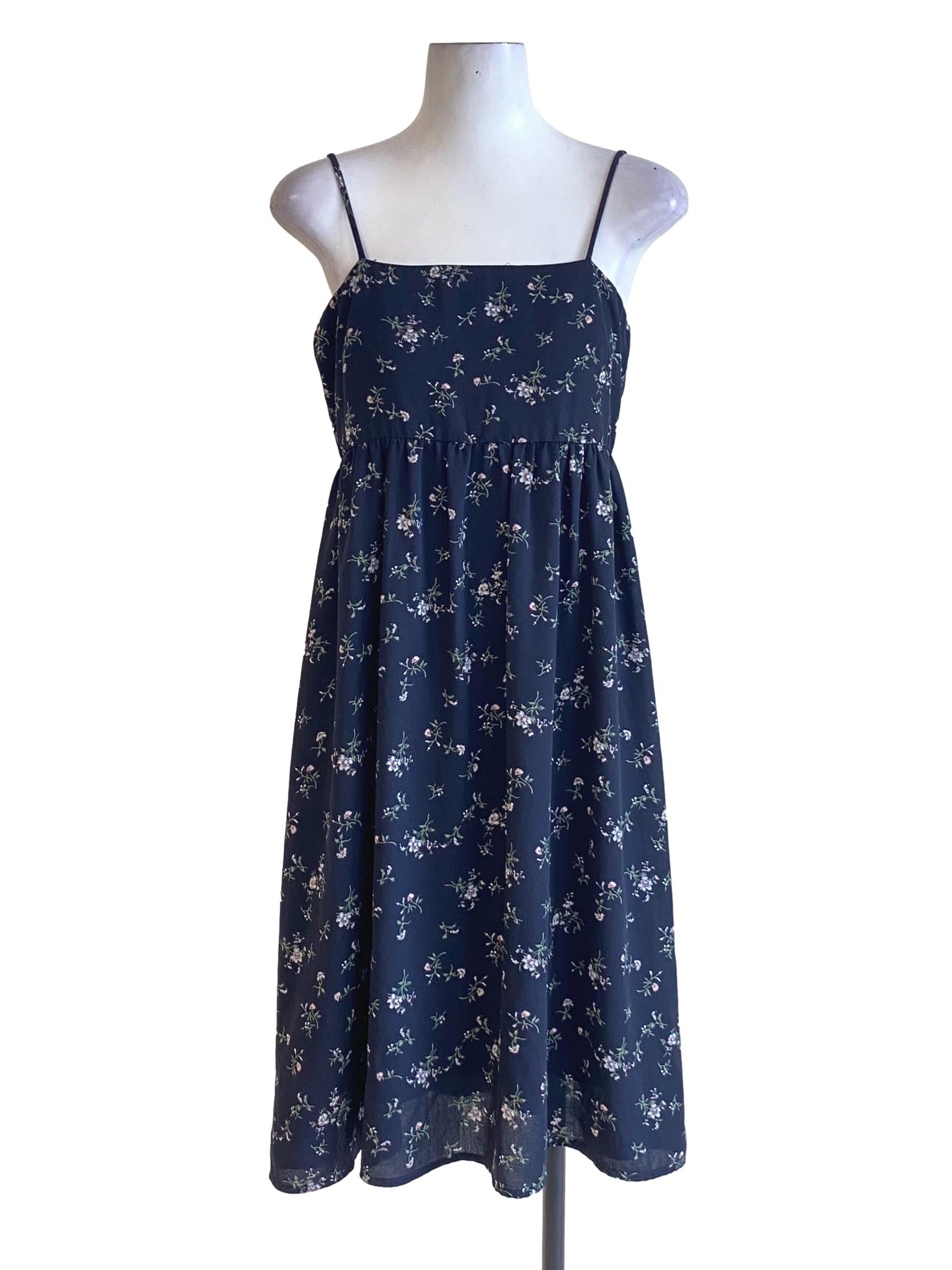 Blue Black Floral Printed Spaghetti Strap A-Line Dress