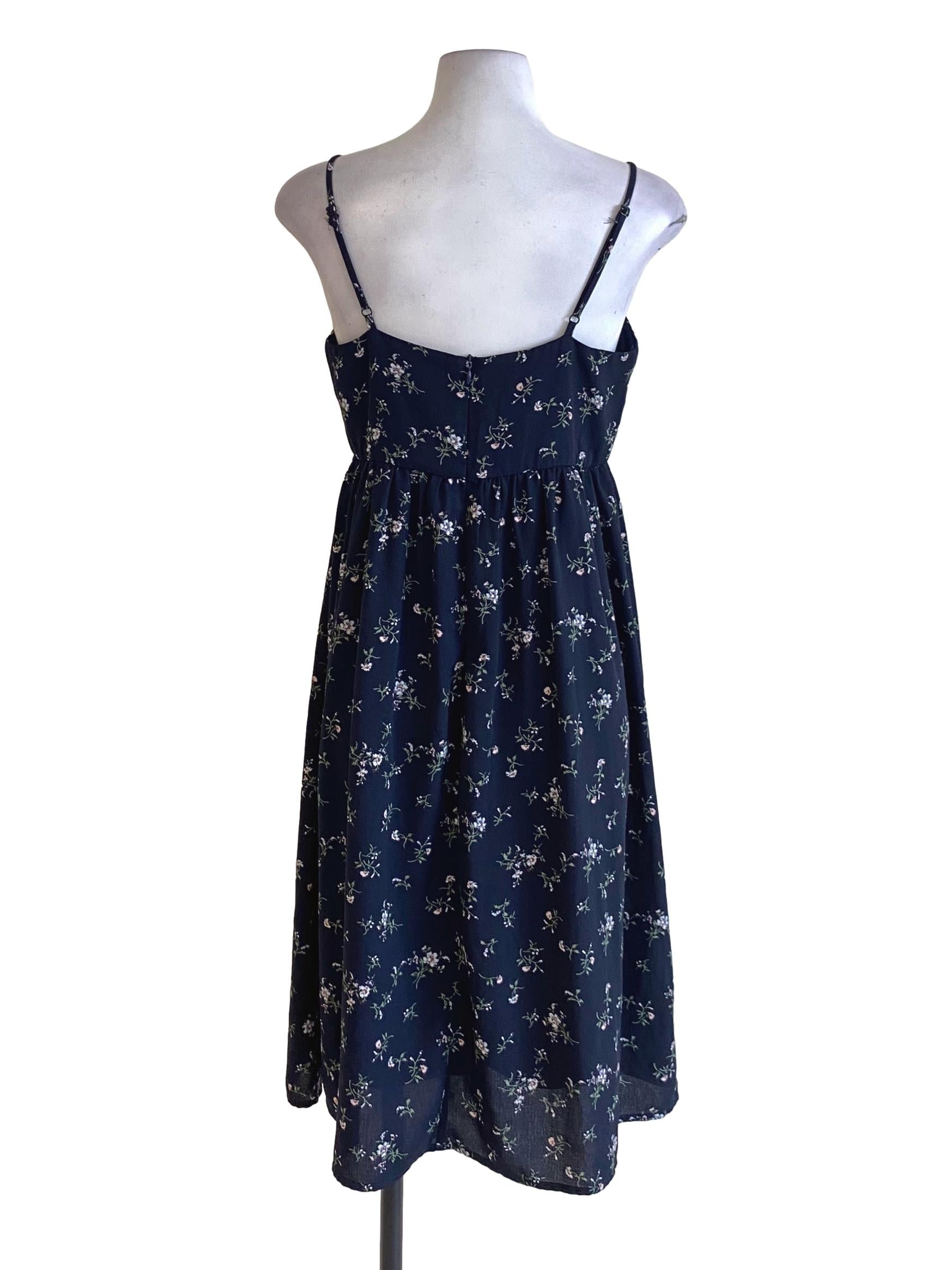 Blue Black Floral Printed Spaghetti Strap A-Line Dress