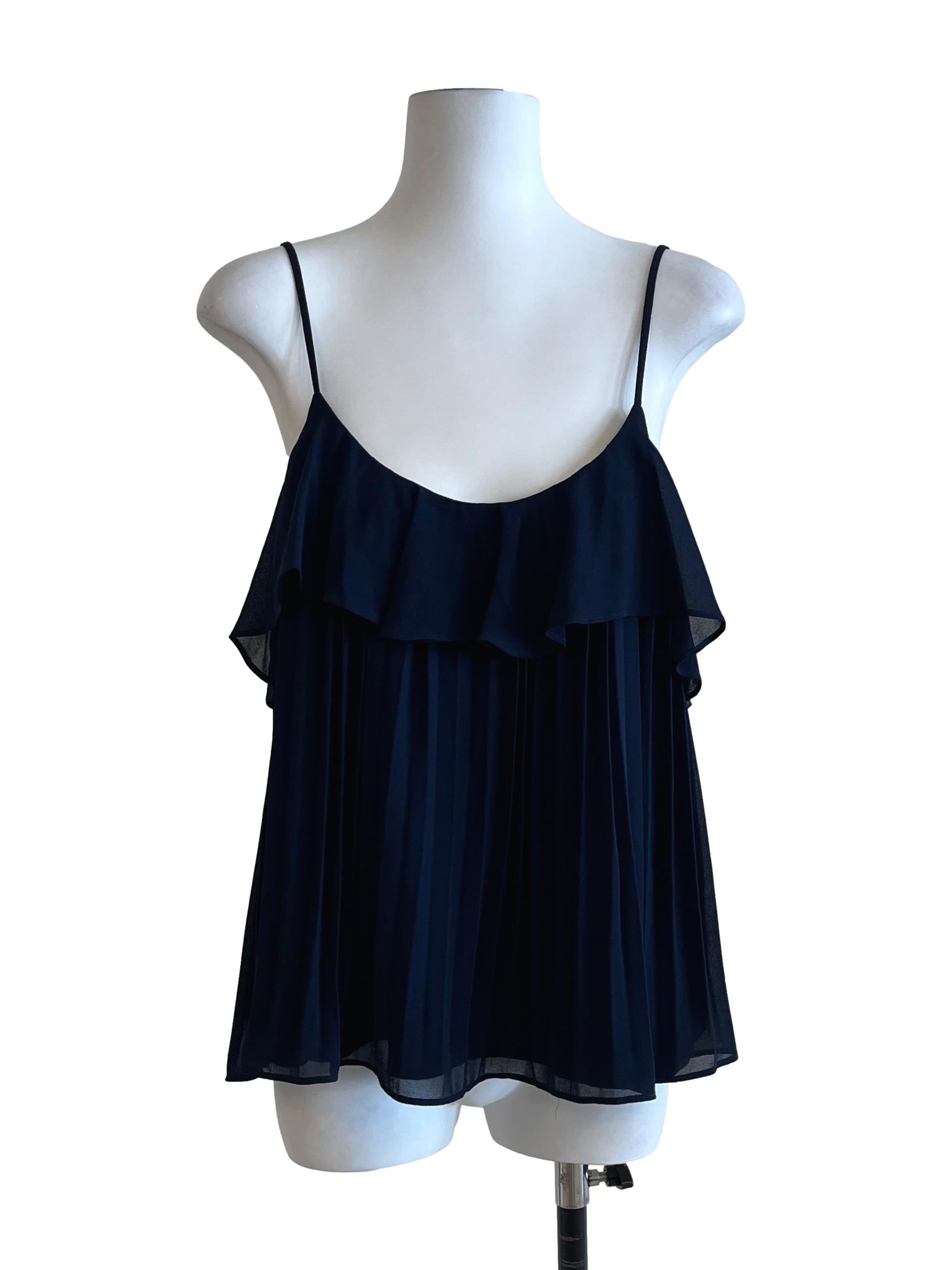 Navy Blue Pleated Scoop Sleeveless Top