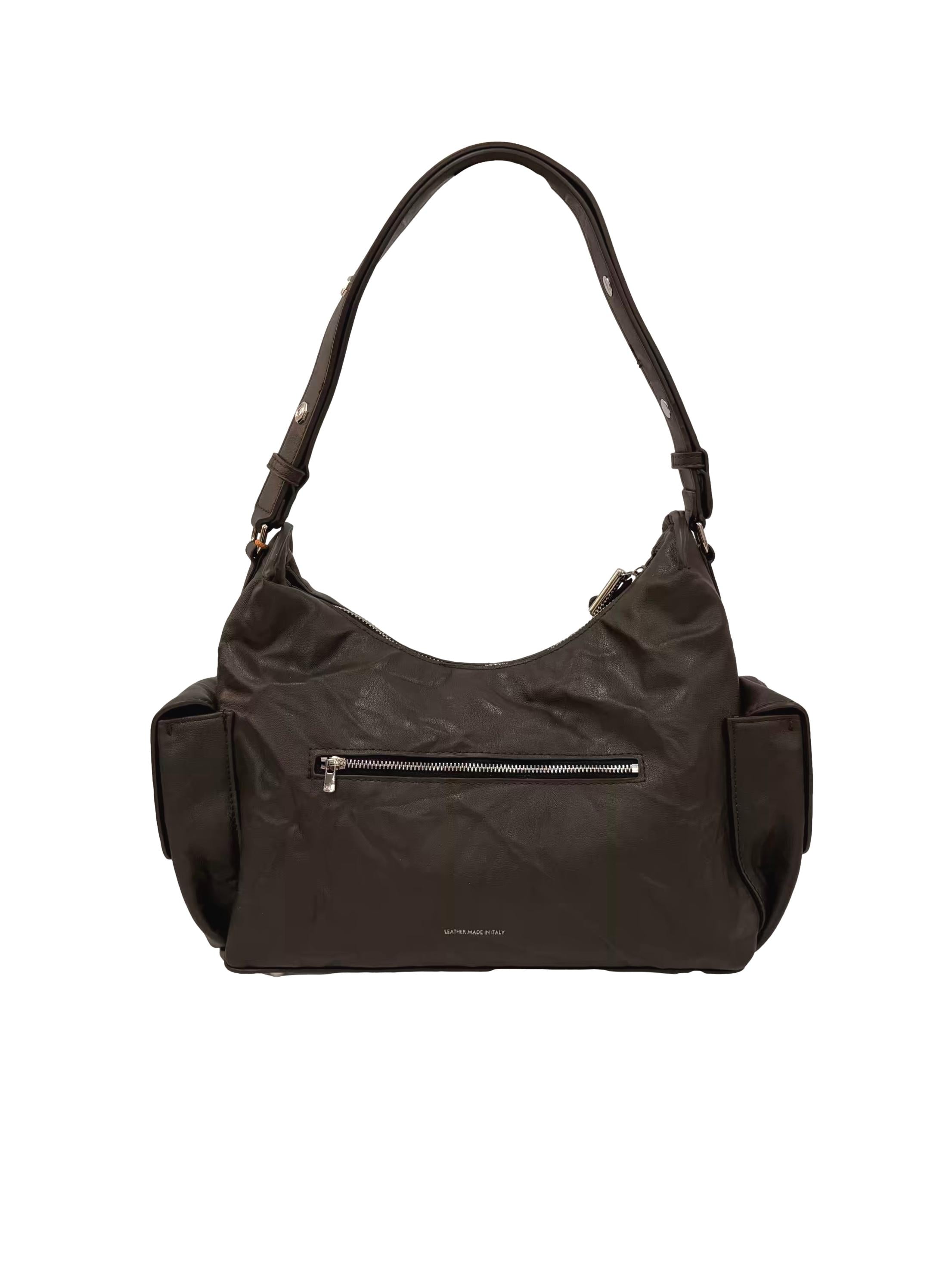 Charcoal Brown Stone Leather Hobo Shoulder Bag