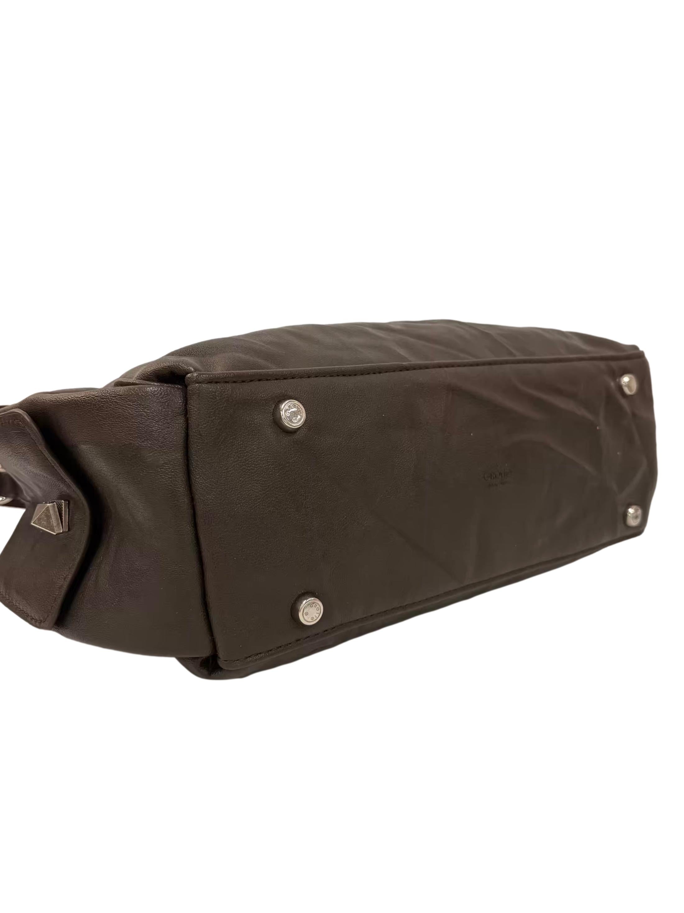 Charcoal Brown Stone Leather Hobo Shoulder Bag
