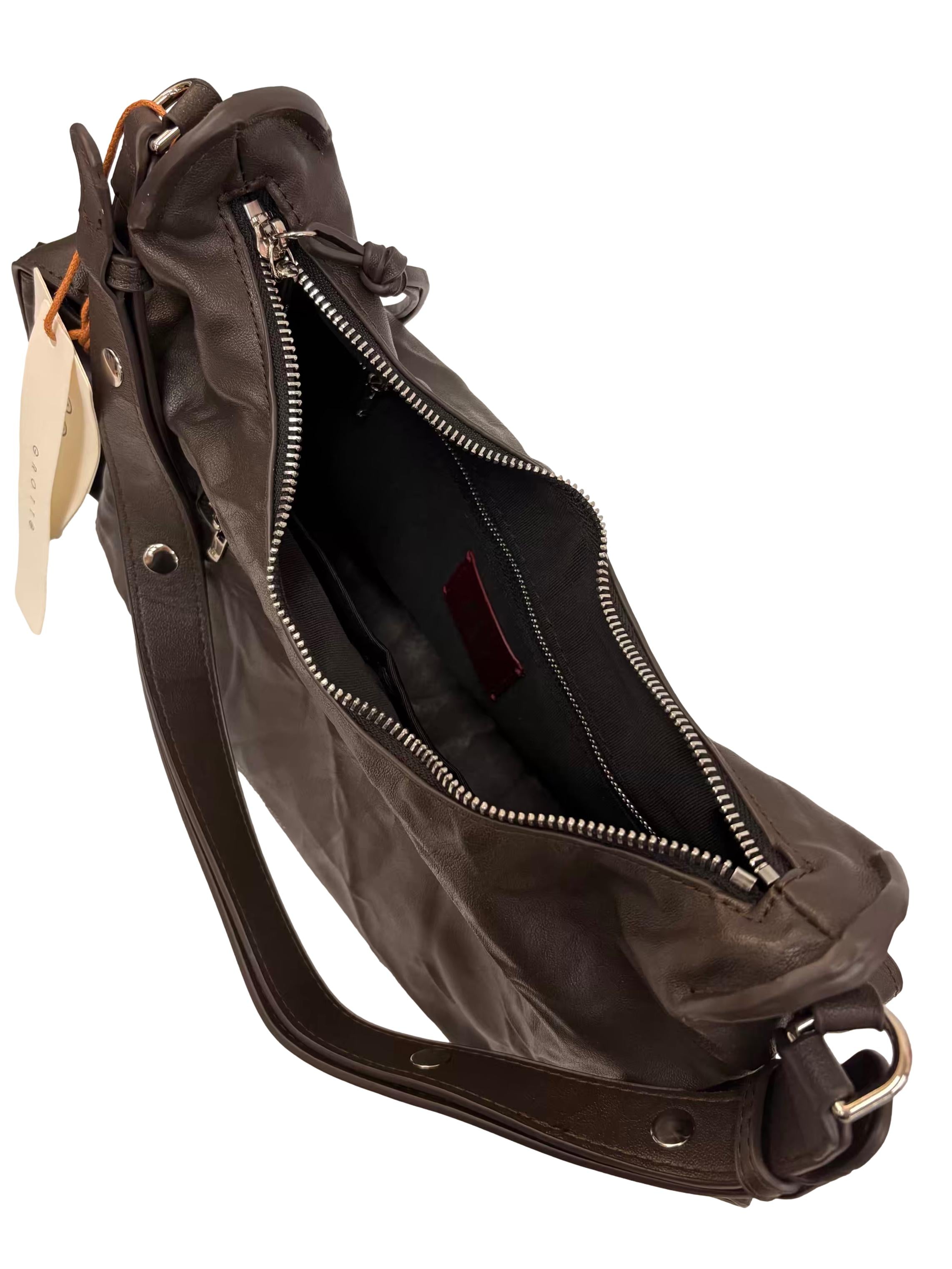Charcoal Brown Stone Leather Hobo Shoulder Bag