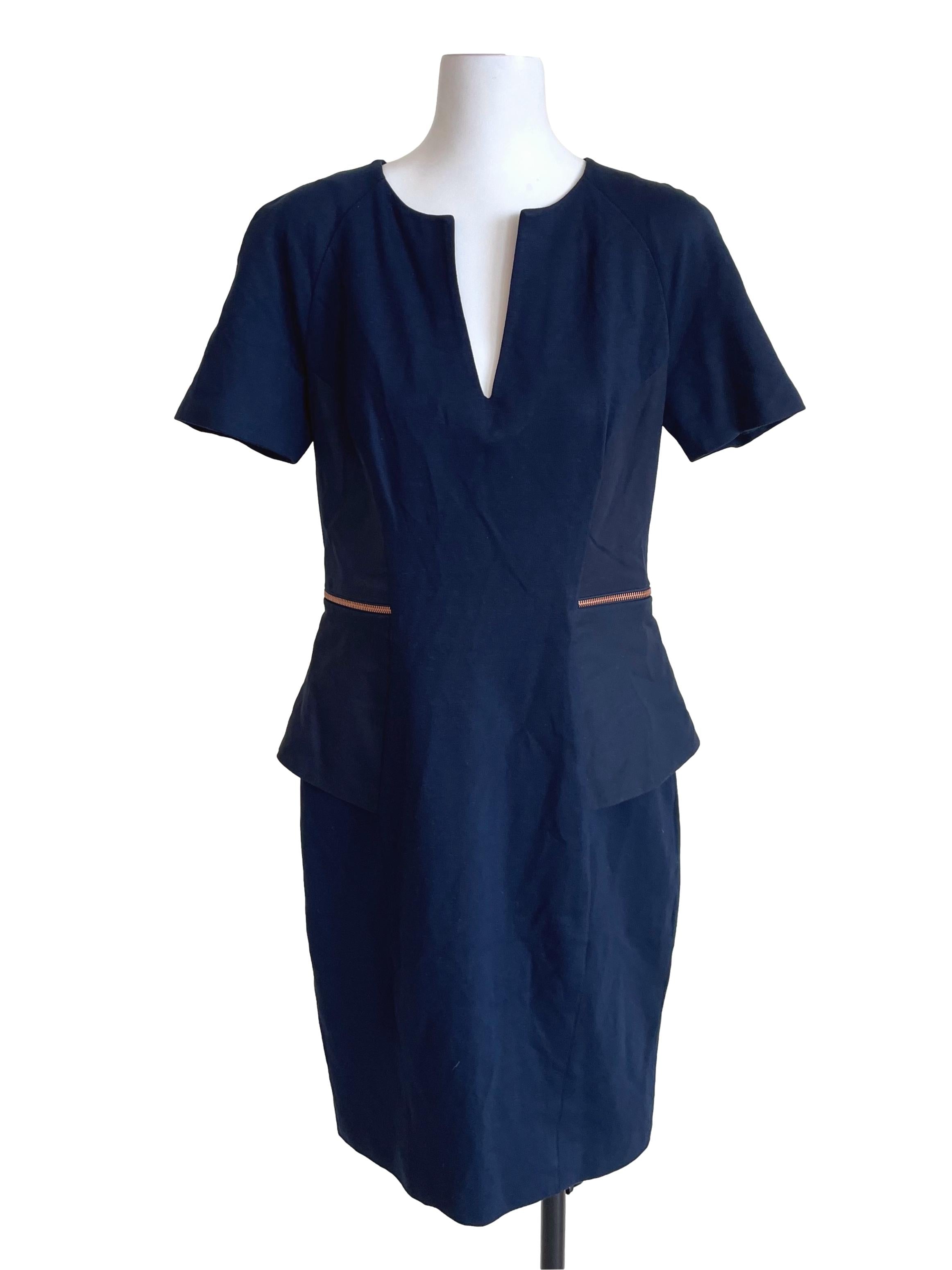 Dark Navy Panelled Slit Neck Dress