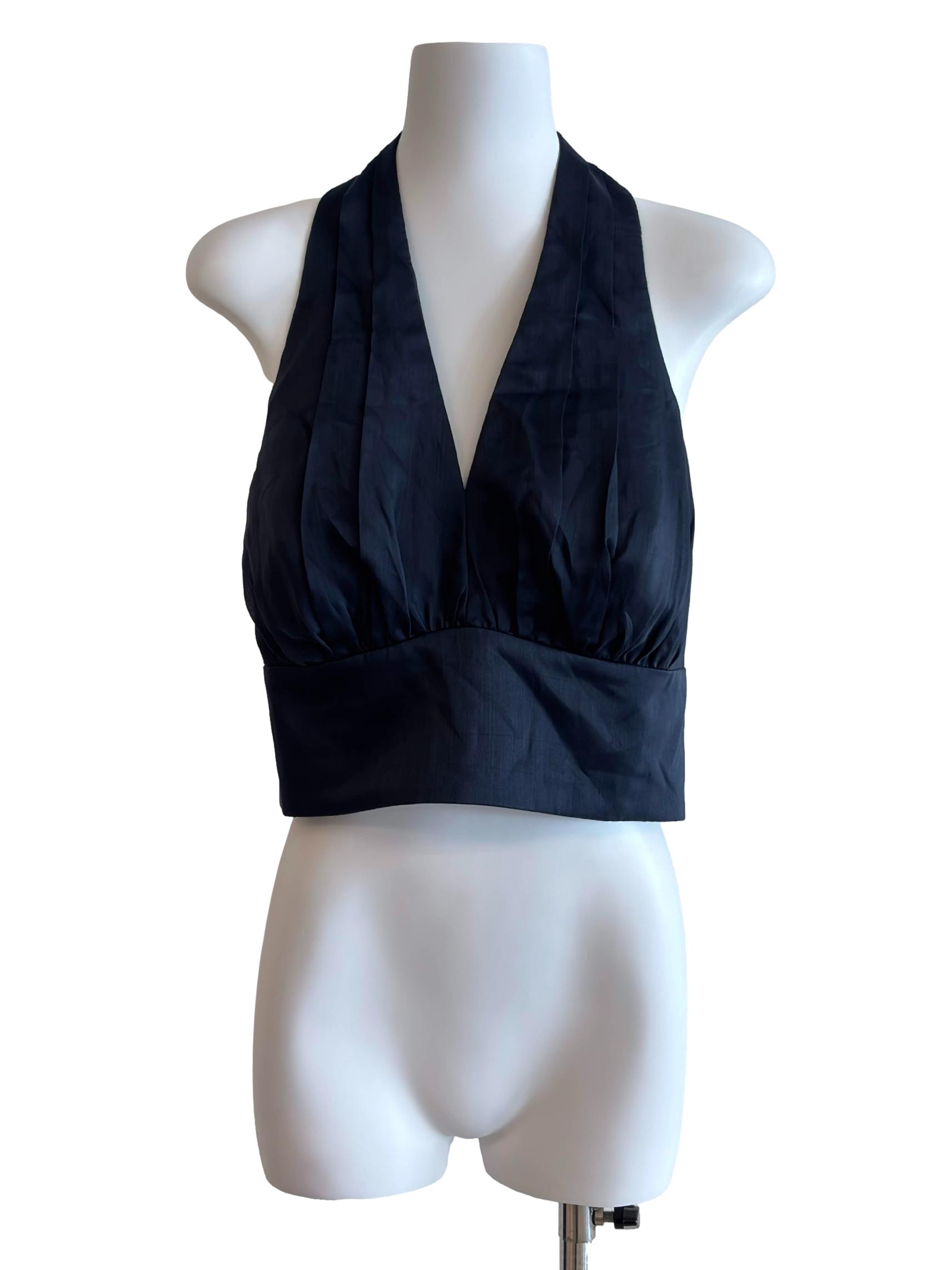 Navy Blue Halter Self Tie Crop Top