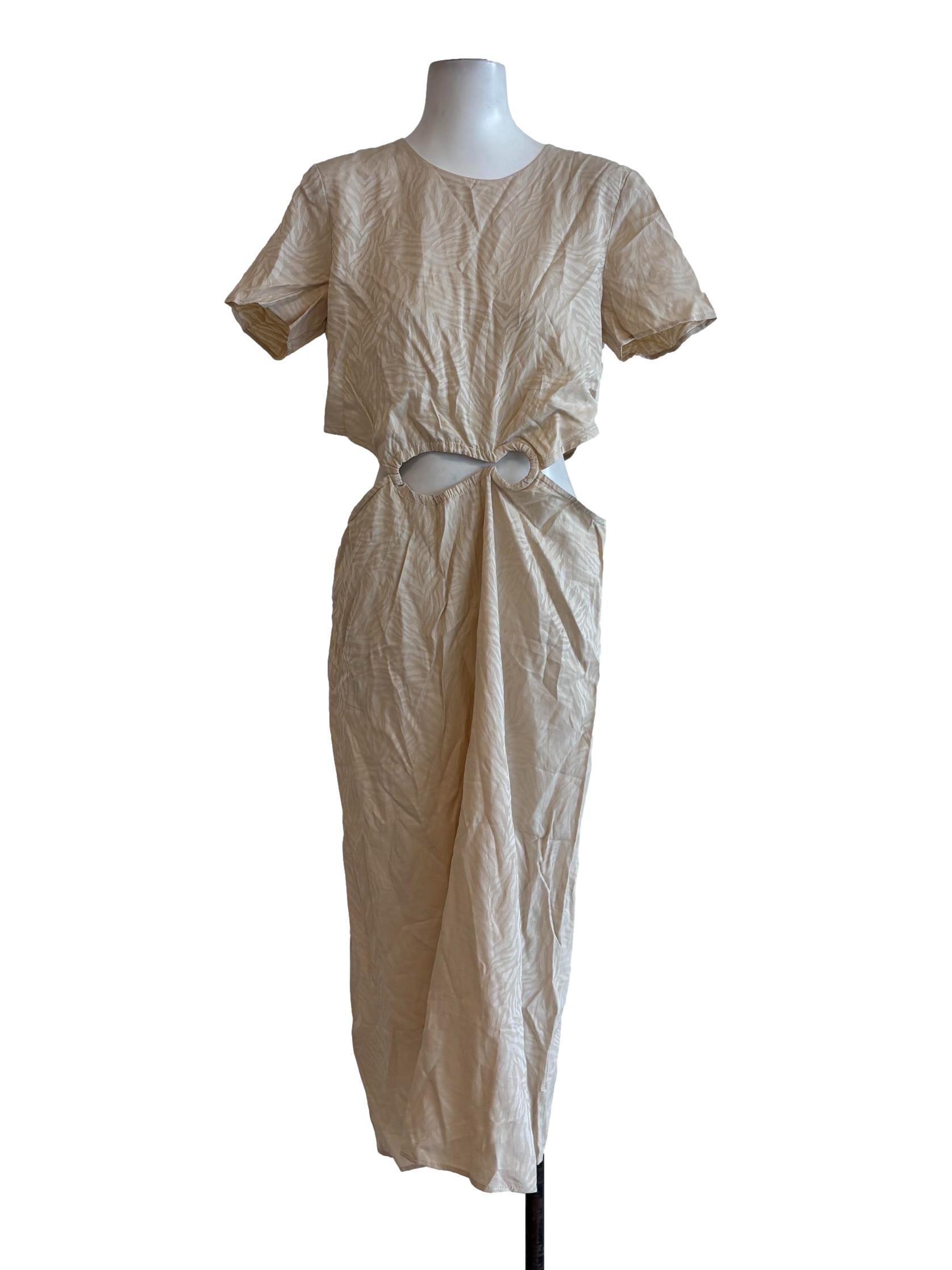 Beige Short Sleeve Waist Cut Out Dress
