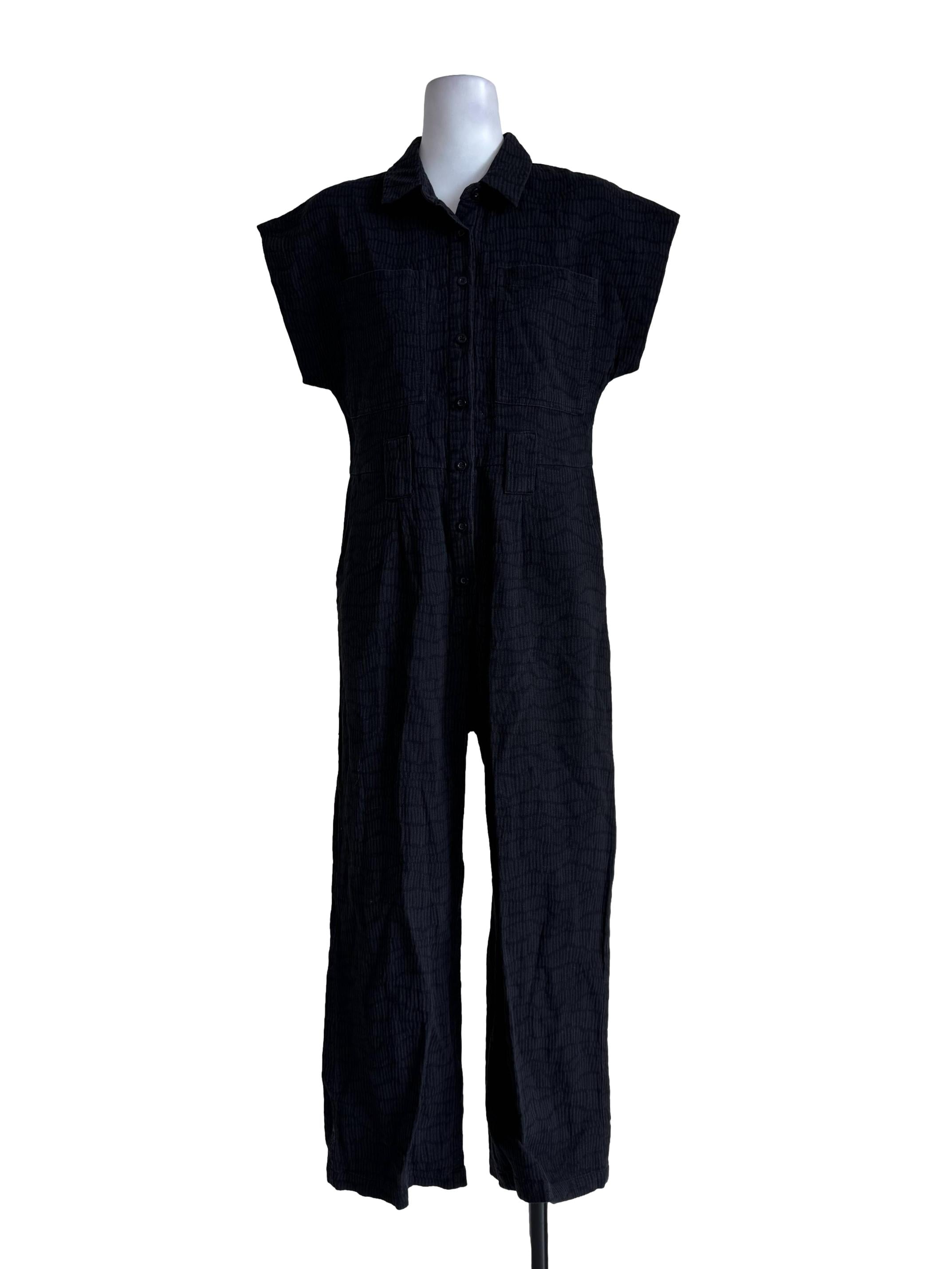 Textured Black Short Sleeve Jumpsuit