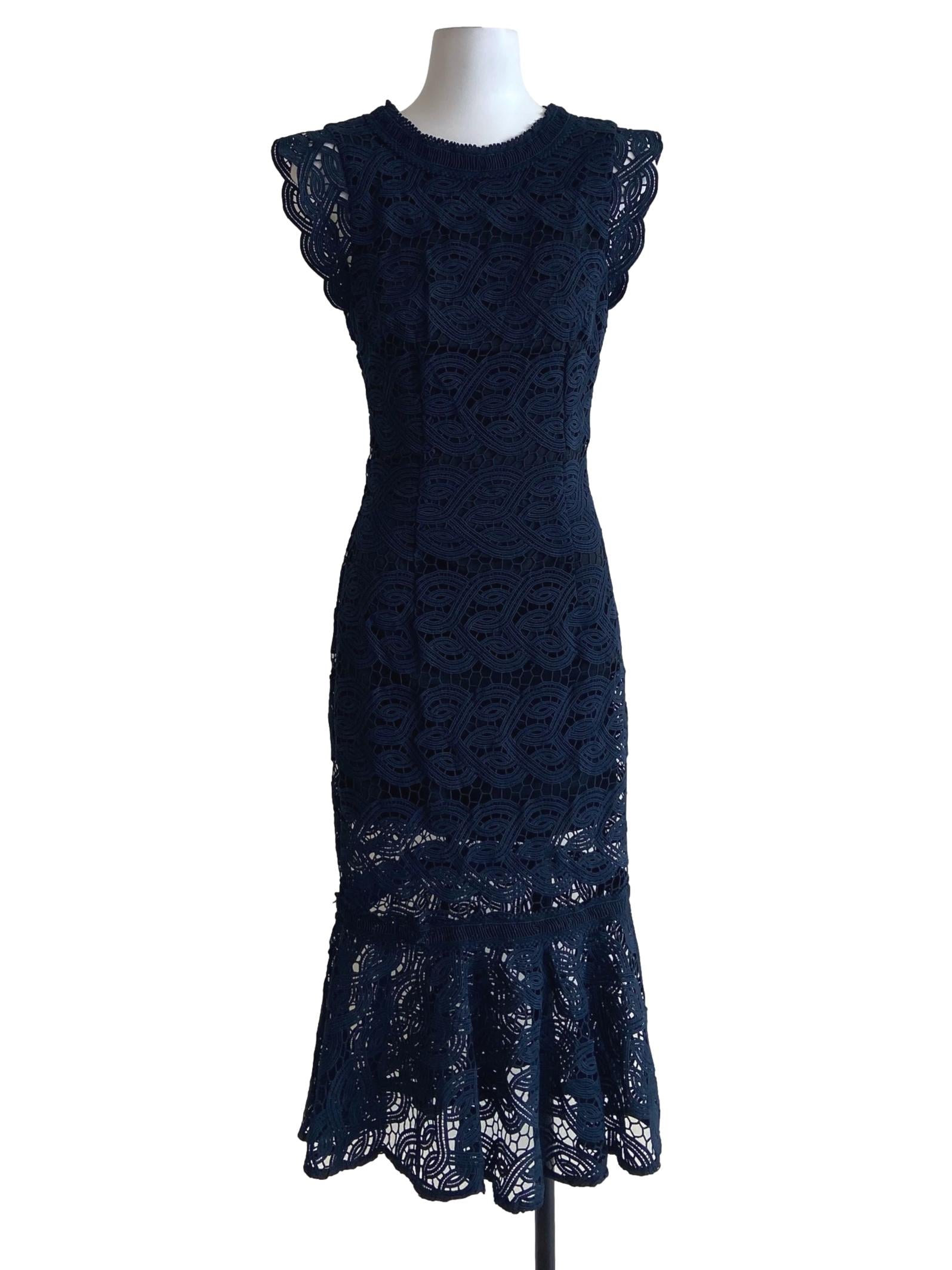 Navy Blue & Embroidery Floral Drop Waist Dress