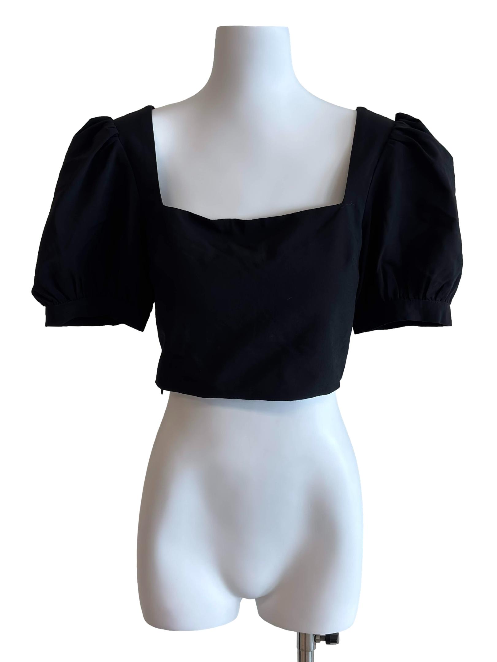 Jet Black Puff Sleeve Padded Crop Top