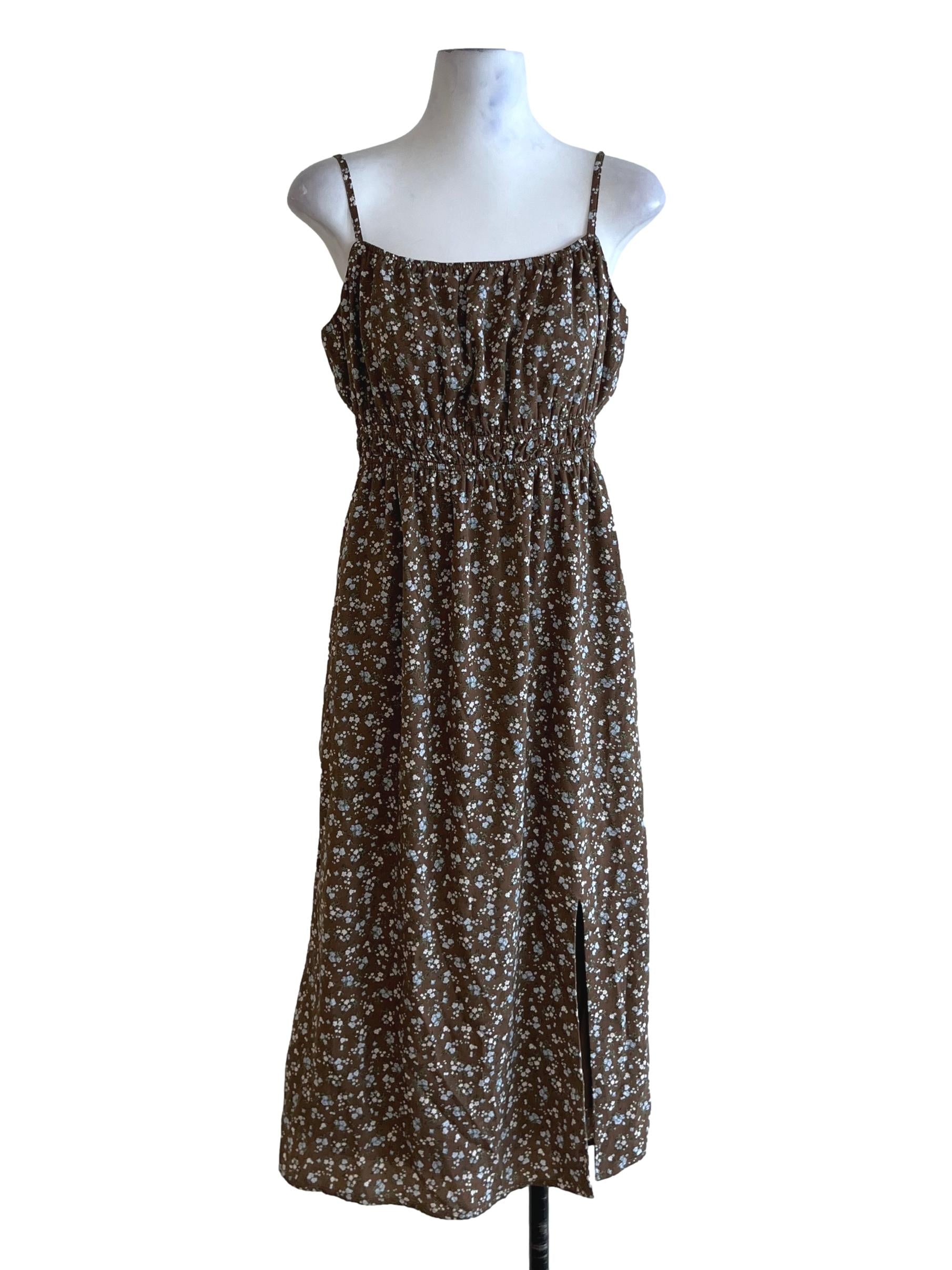 Coffee Brown Floral A-Line Dress TCL