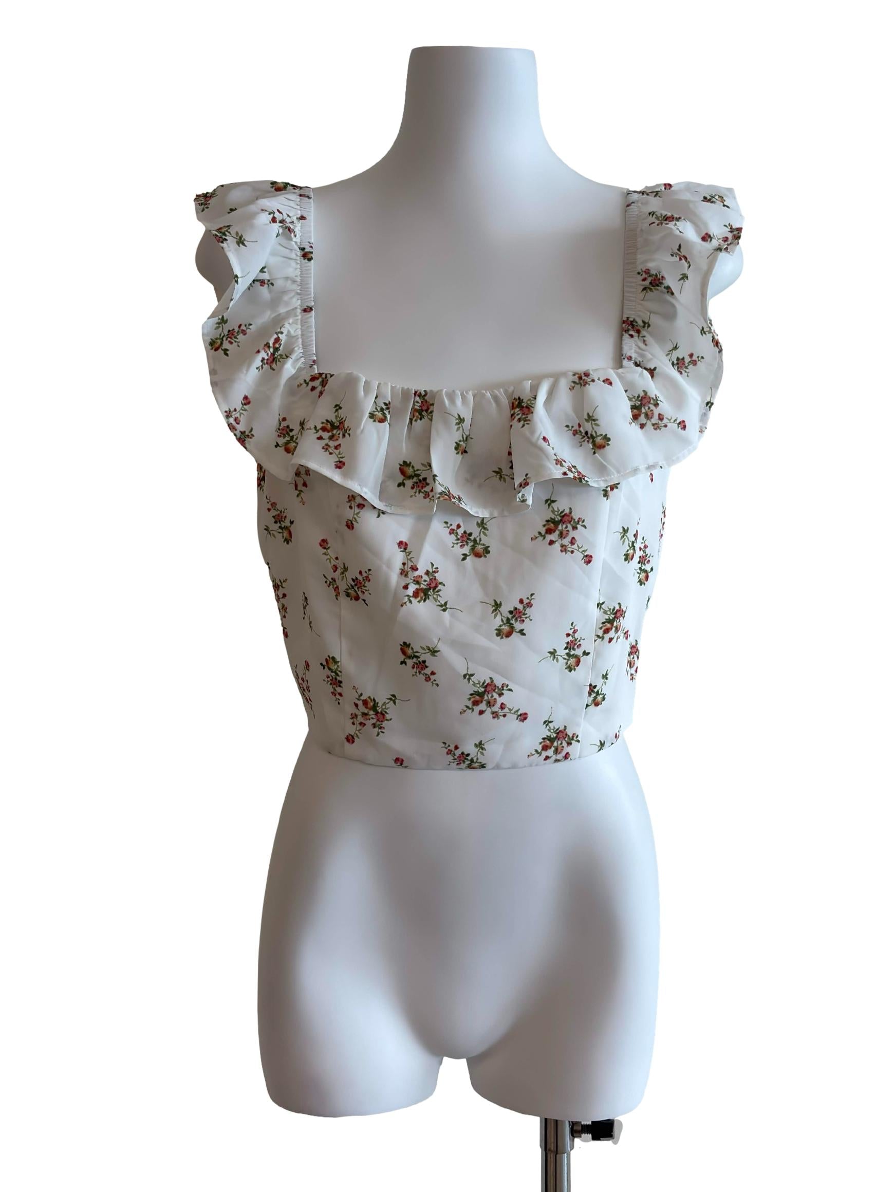 White Floral Ruffle Crop Top
