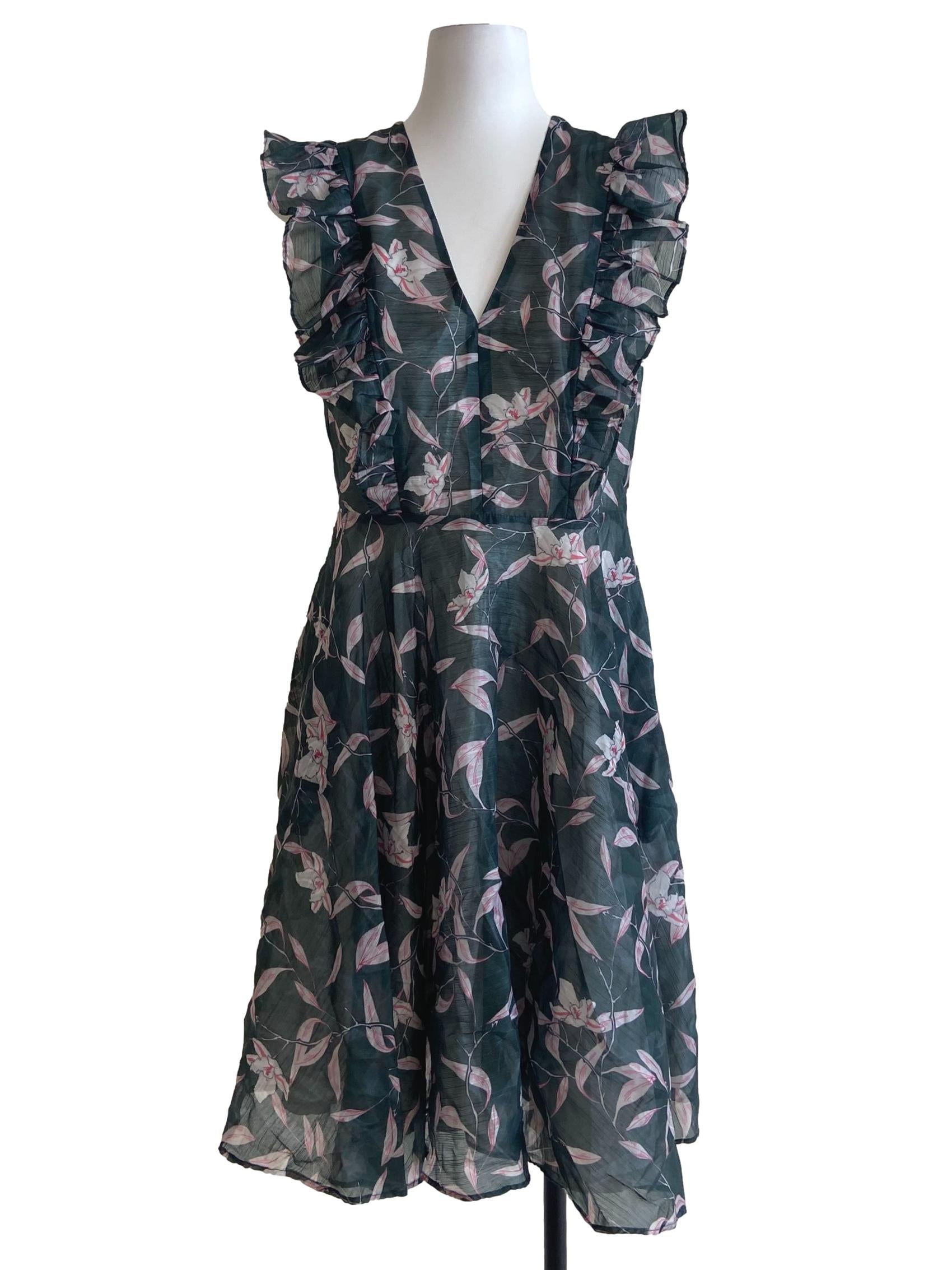 Green Floral V-Neck Ruffled A-Line Dress