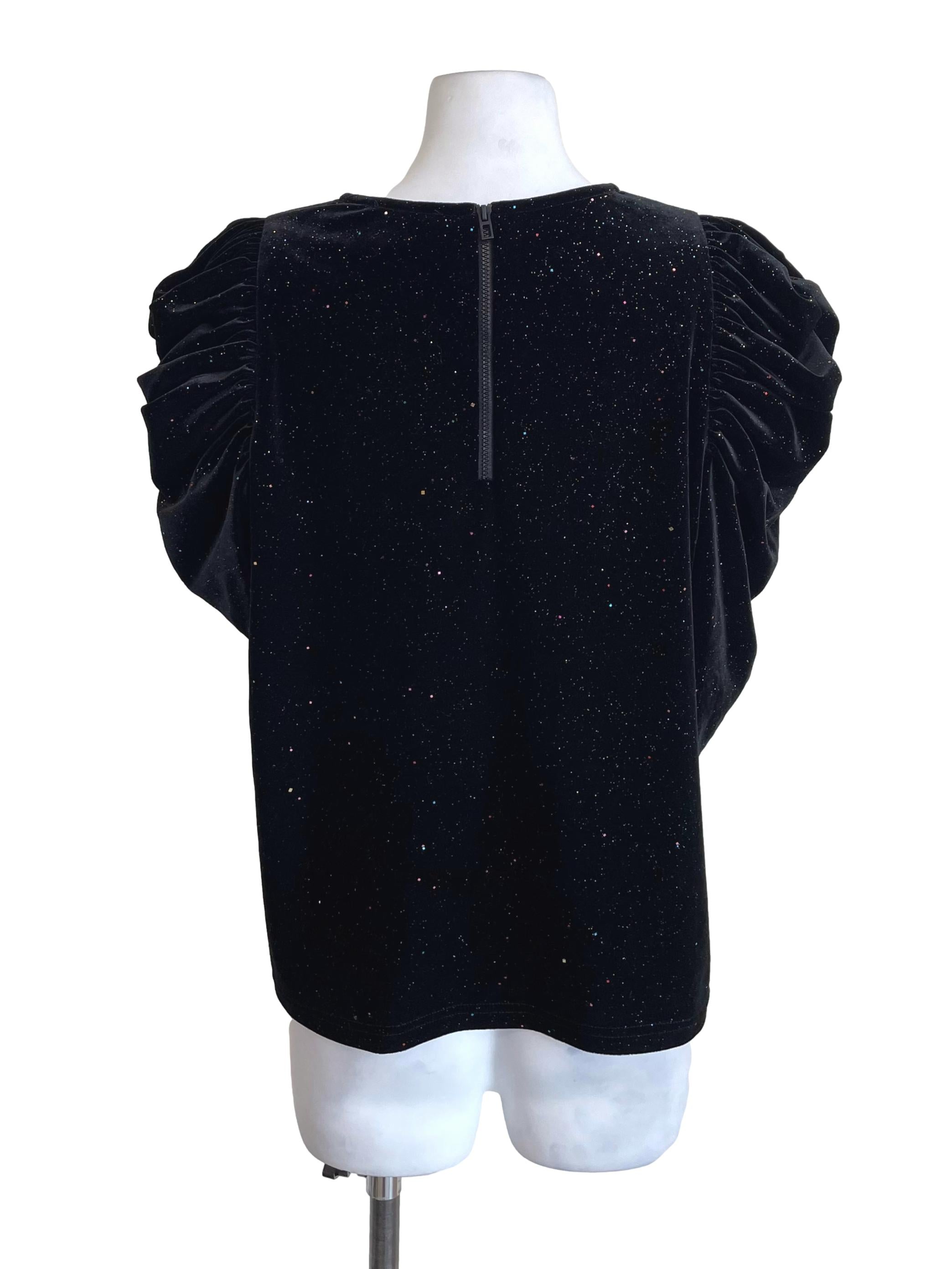 Black Draped Sleeves Glitters Velvet Top