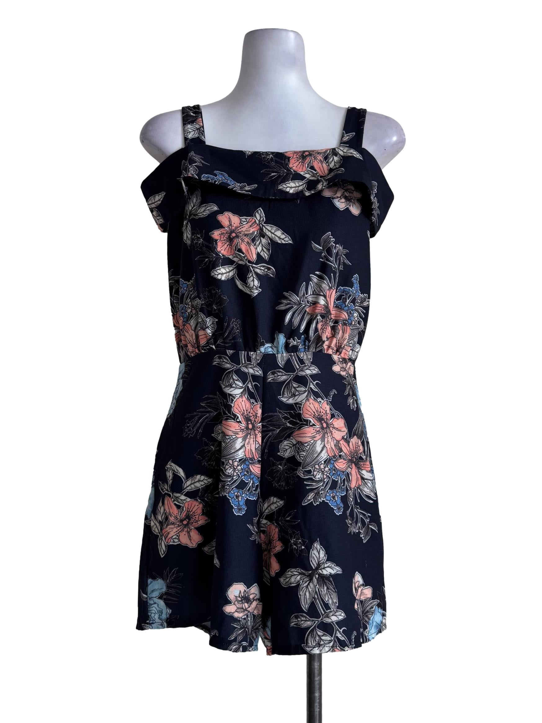 Navy Blue With Multicolor Prints Sleeveless Rompers
