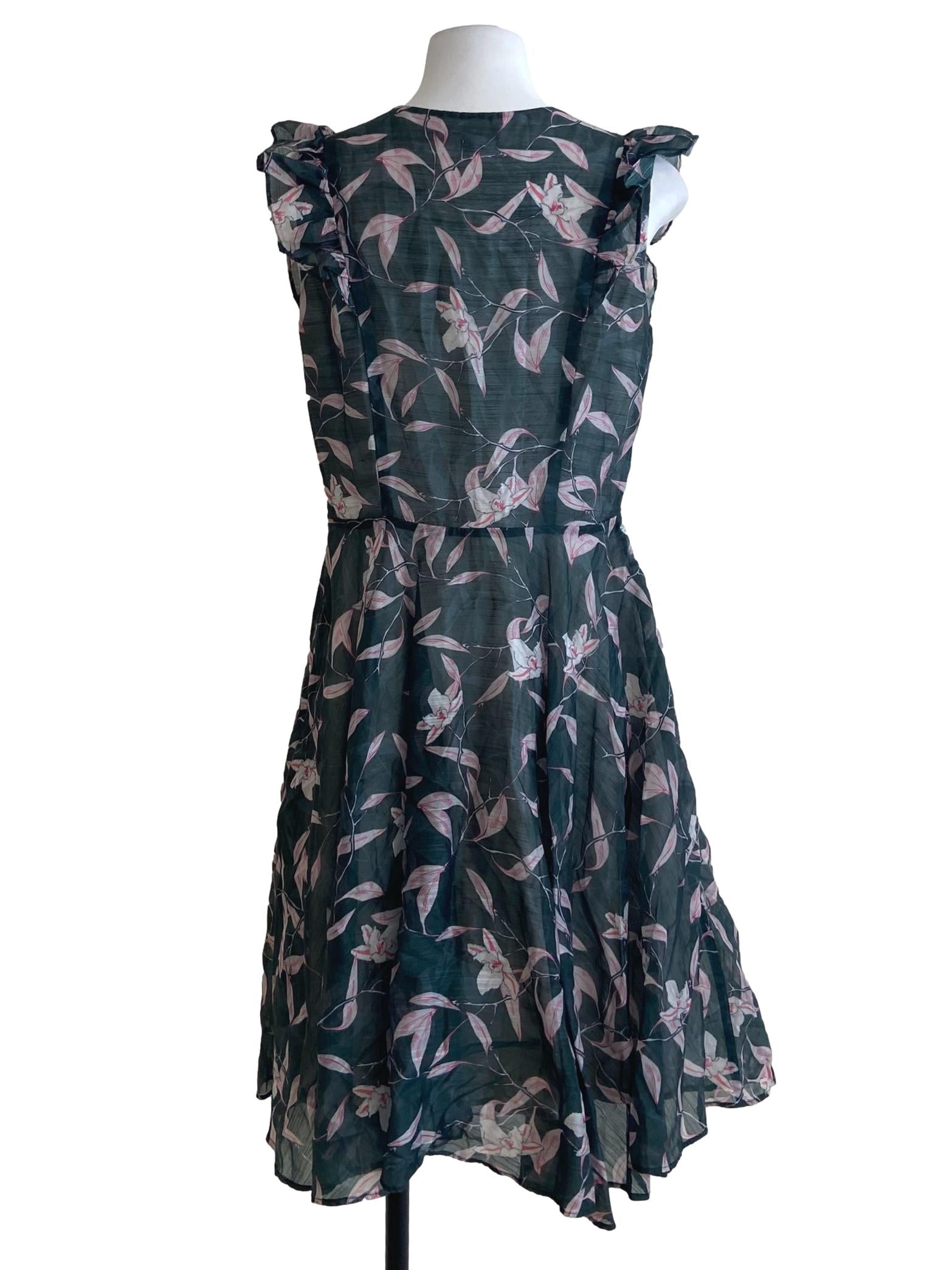 Green Floral V-Neck Ruffled A-Line Dress