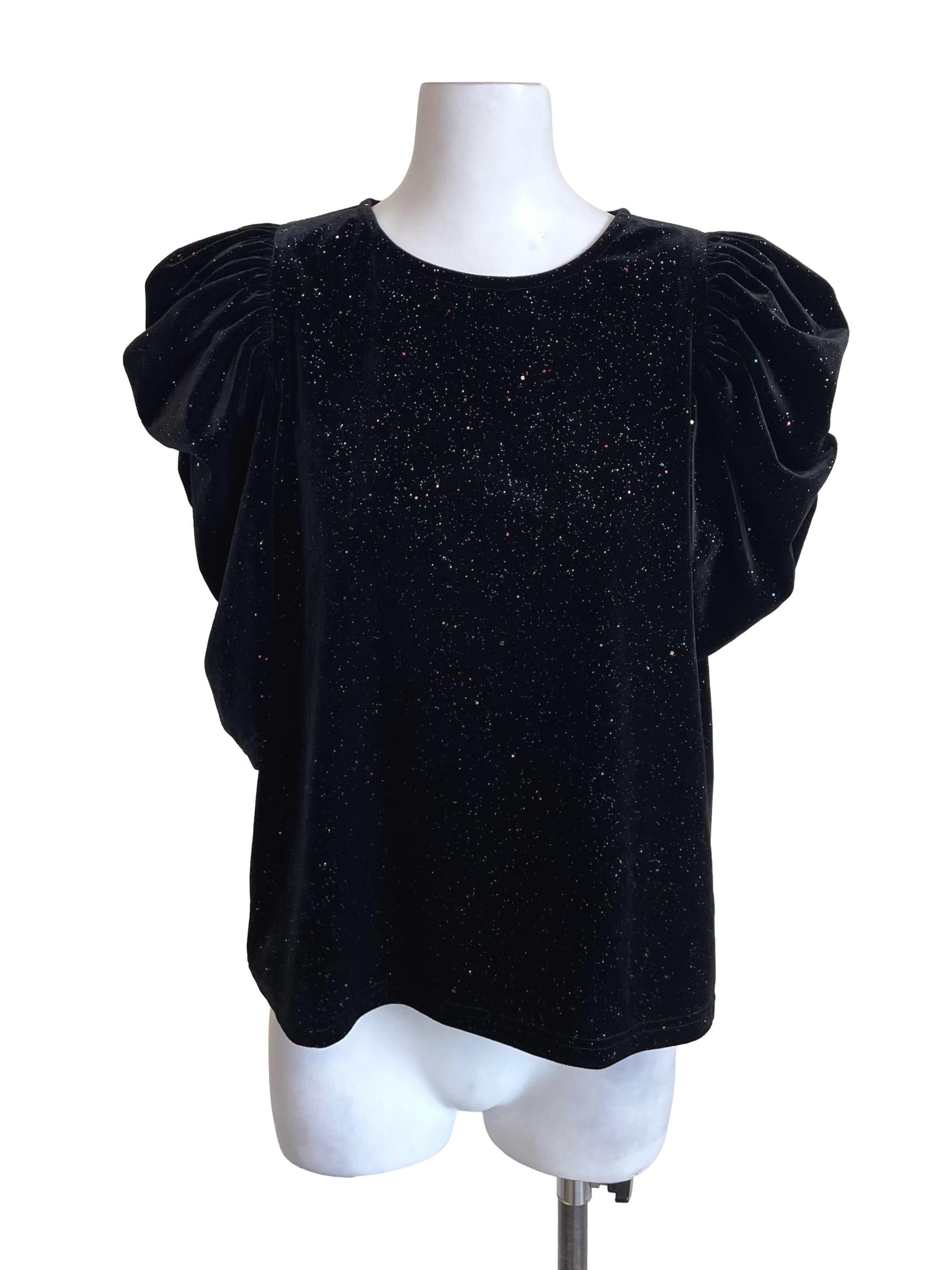 Black Draped Sleeves Glitters Velvet Top