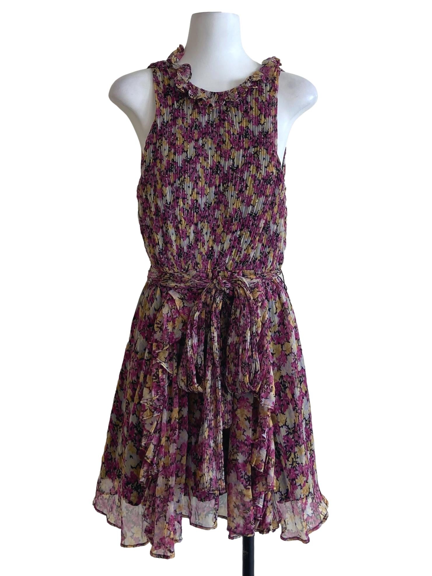 Pink & Yellow Floral Halter Neck Pleated Dress