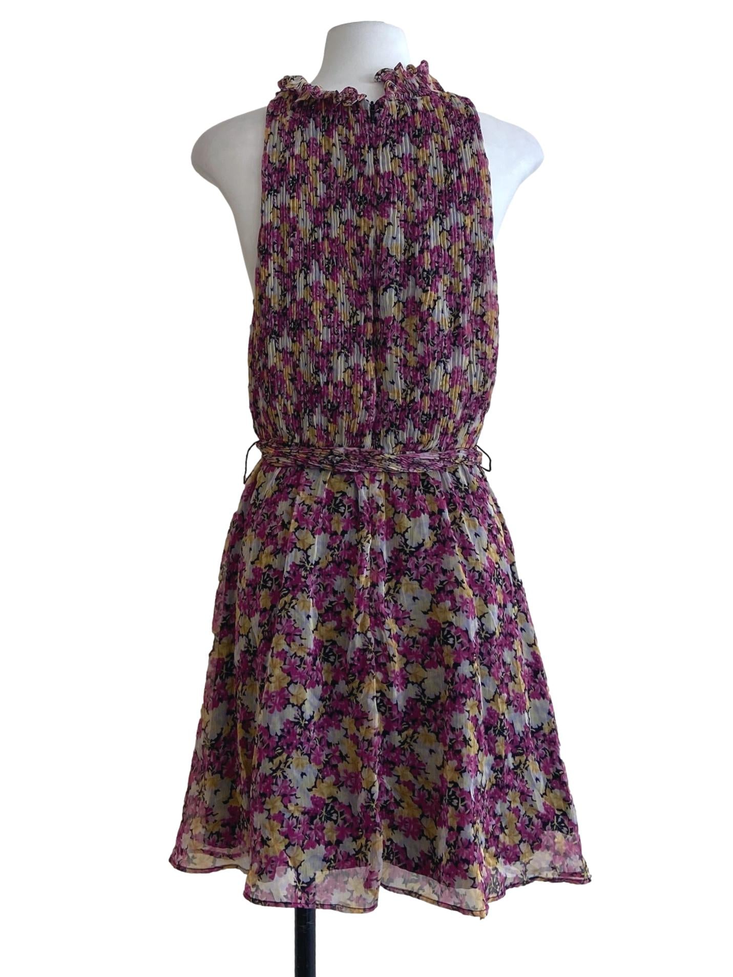 Pink & Yellow Floral Halter Neck Pleated Dress