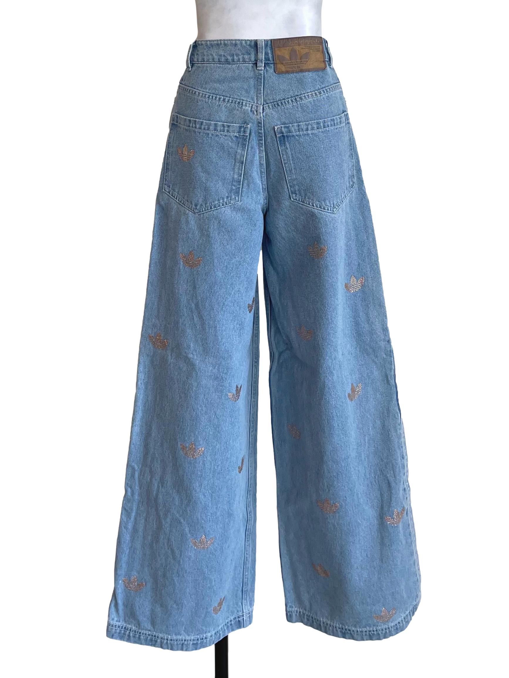 Light Blue Rhinestone Logo Wide Leg Jeans