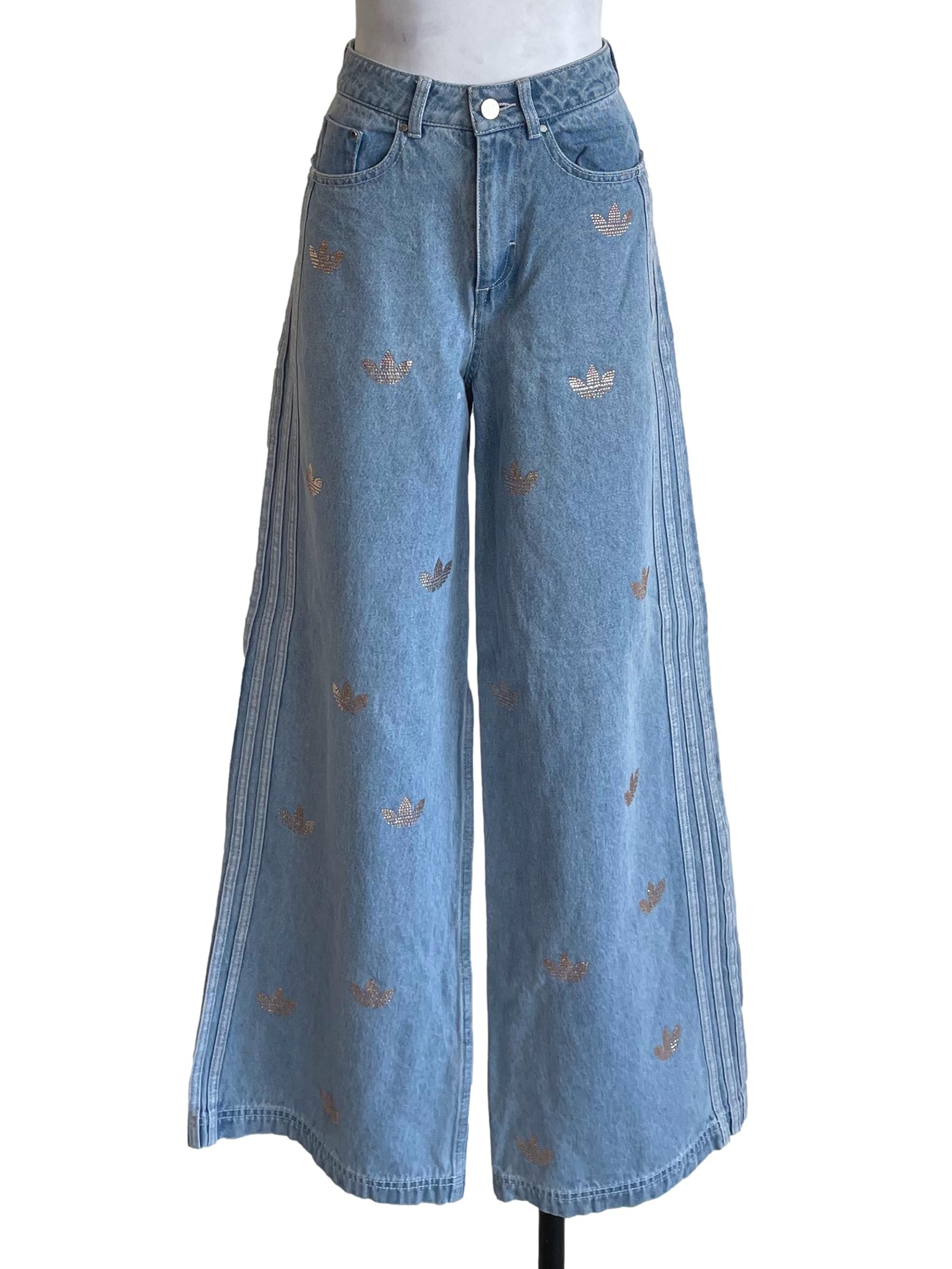 Light Blue Rhinestone Logo Wide Leg Jeans