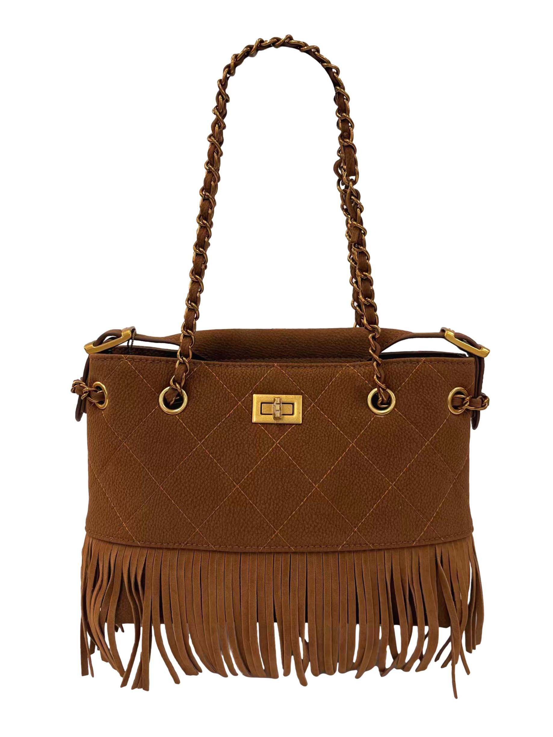 Brown Quilted Faux Suede Fringe Shoulder Bag