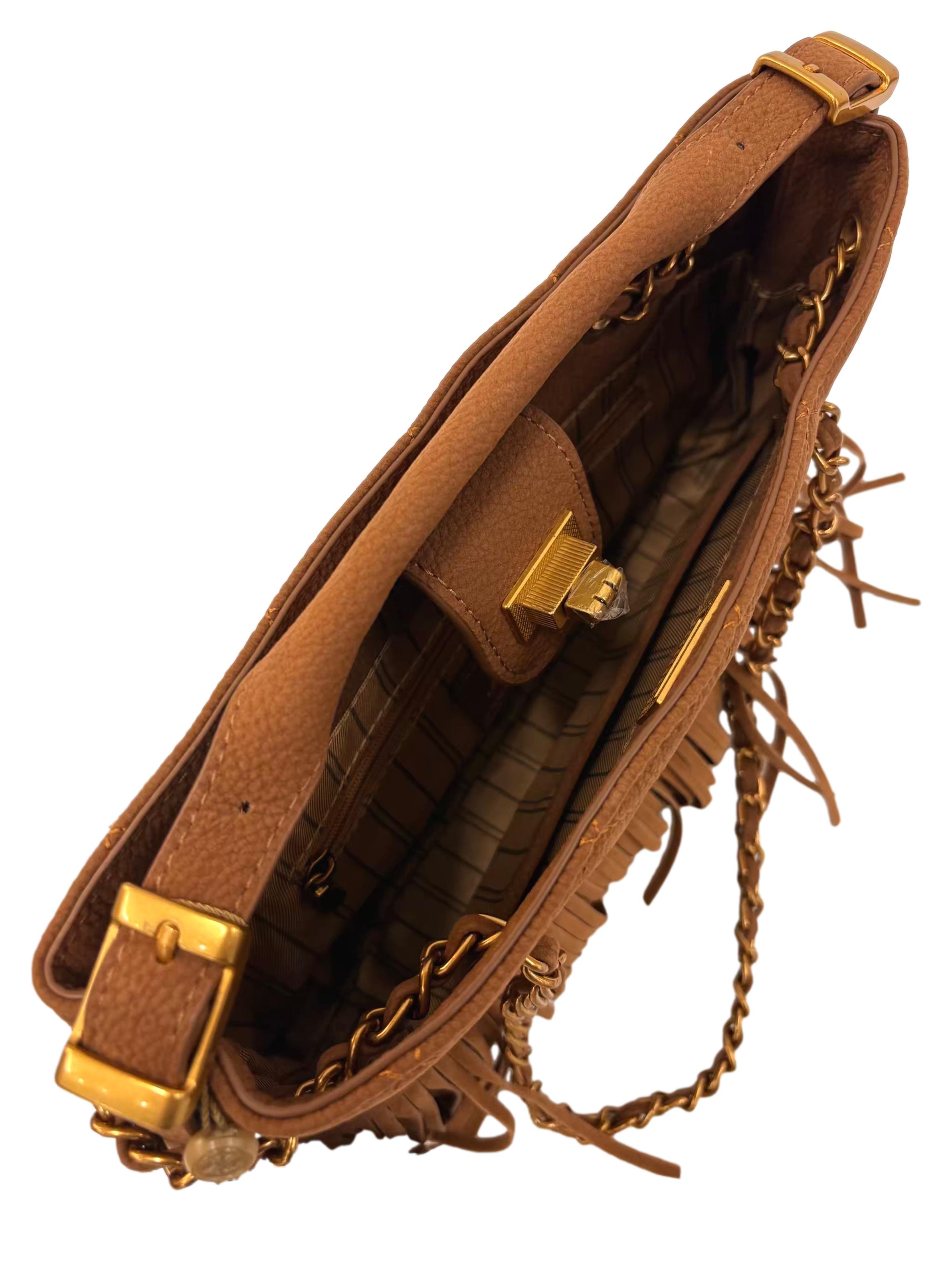 Brown Quilted Faux Suede Fringe Shoulder Bag
