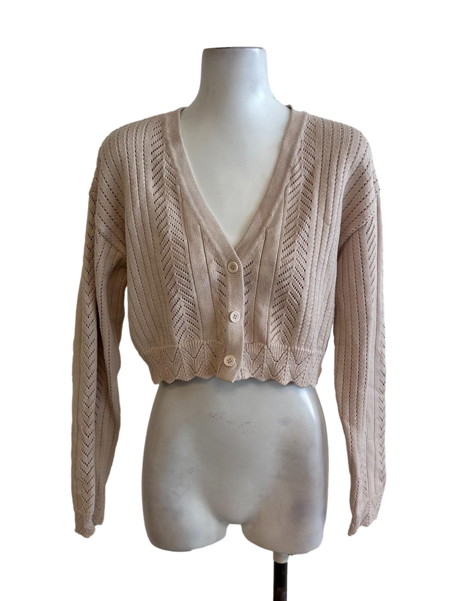 Sand Beige Knit Embroidery Button Cardigan