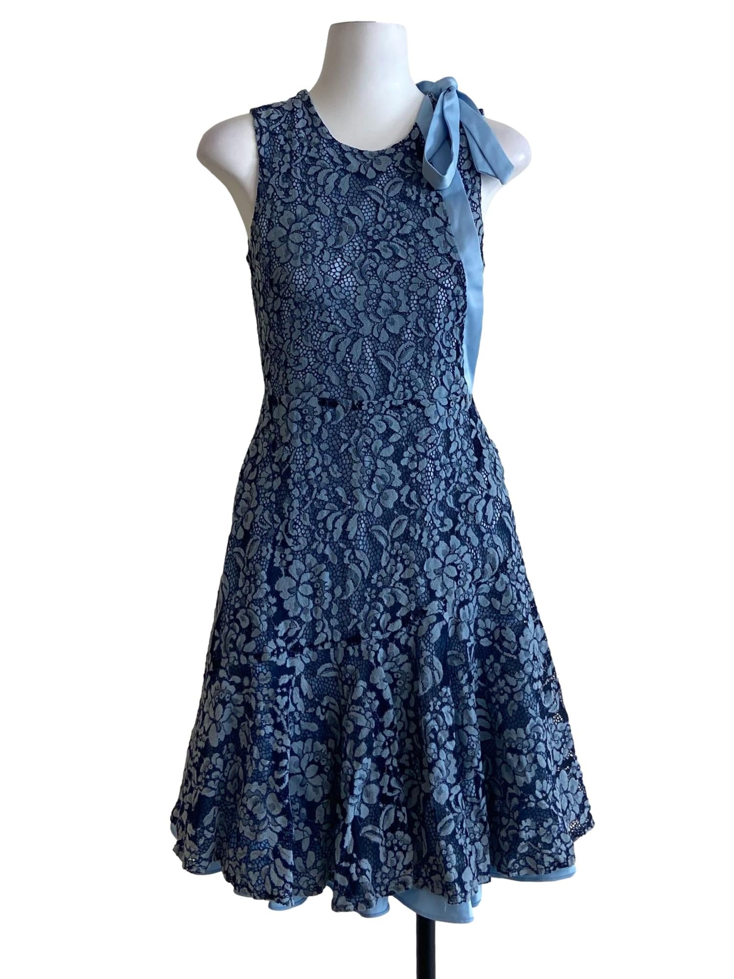Sky Blue Floral Lace Sleeveless Drop Waist Dress