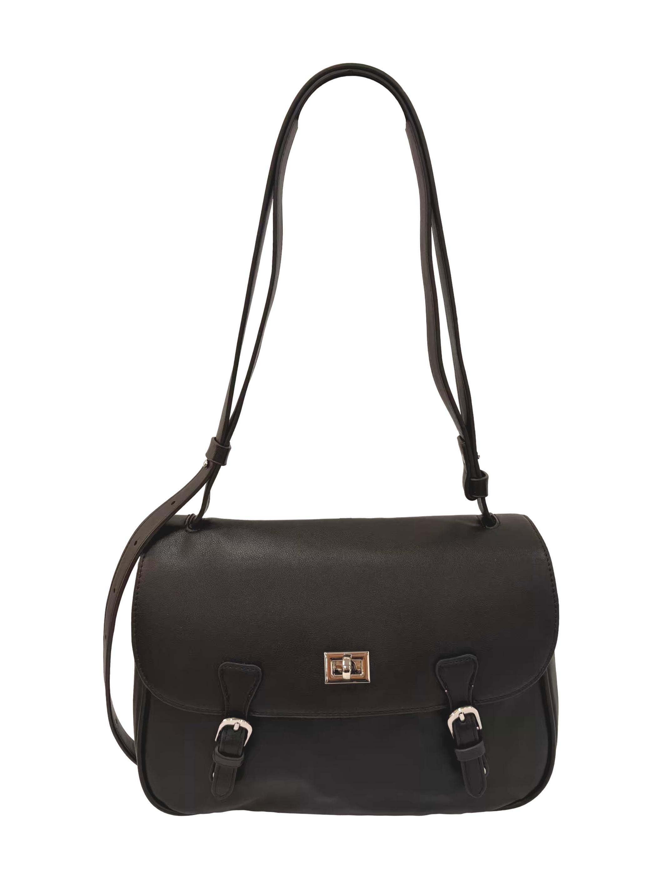 Black Leather Messenger Satchel Crossbody Bag