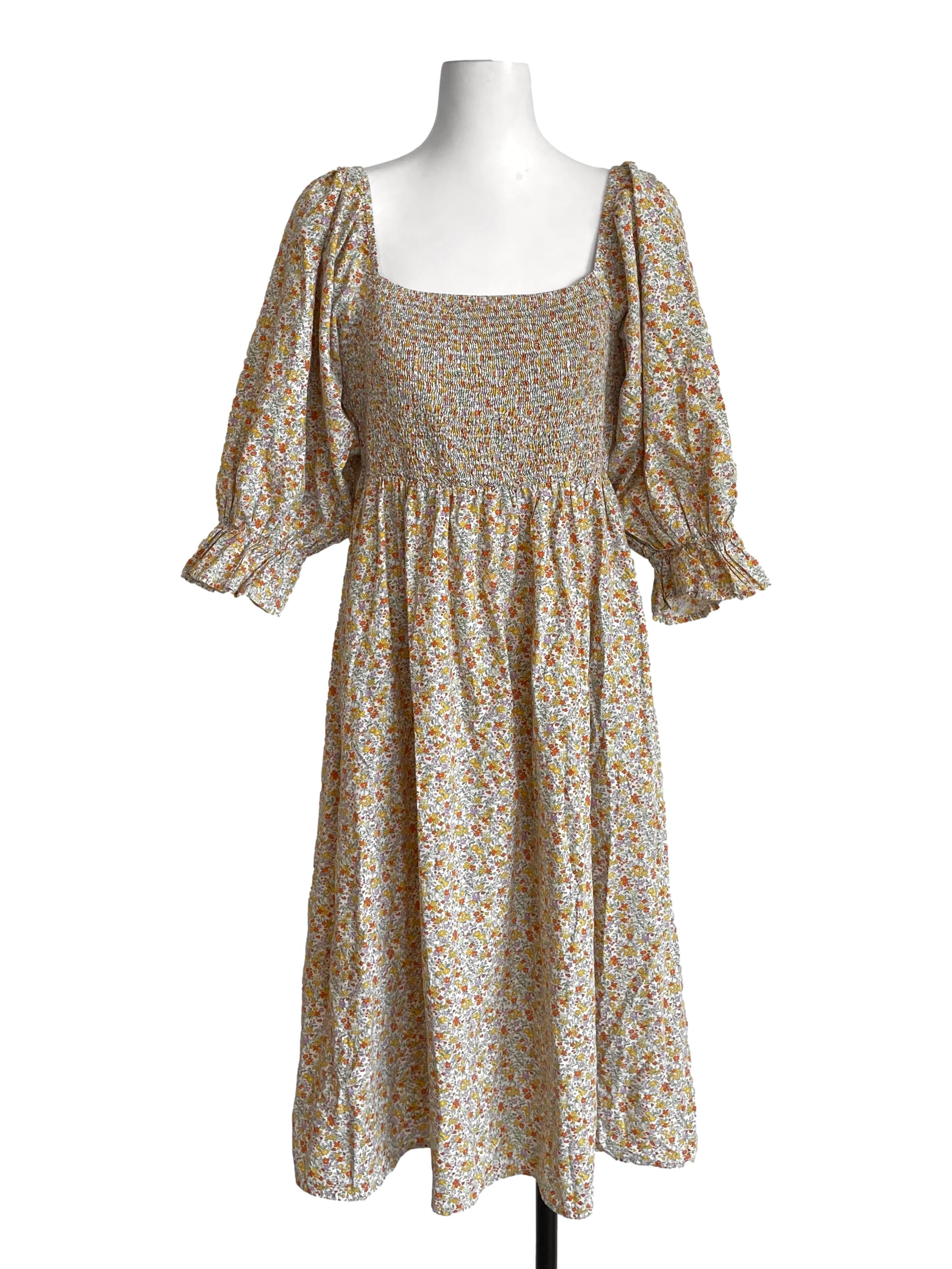Ivory Floral Shirred Dress