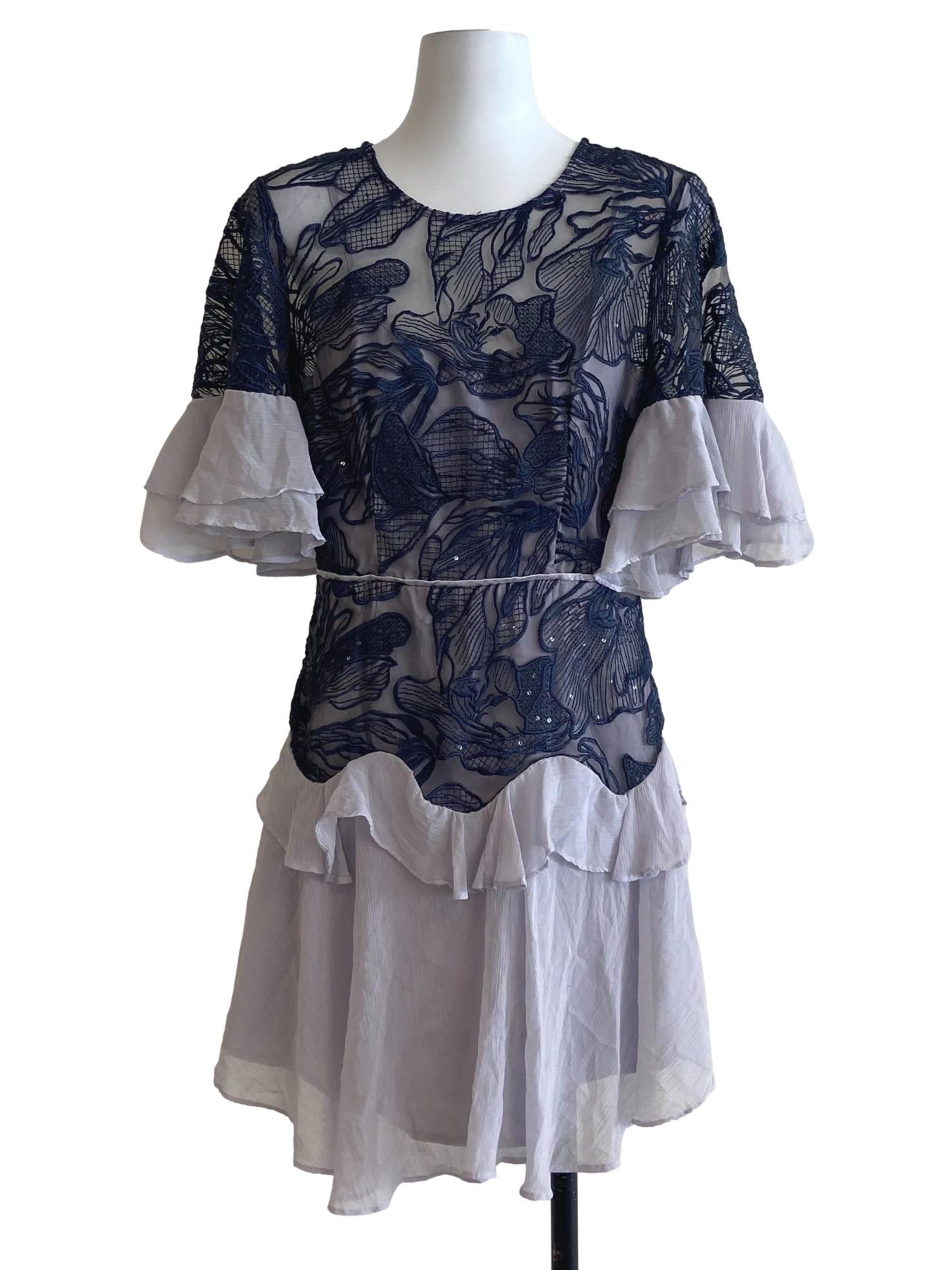 Blue & Cloud Grey Floral Beads Ruffled Dress