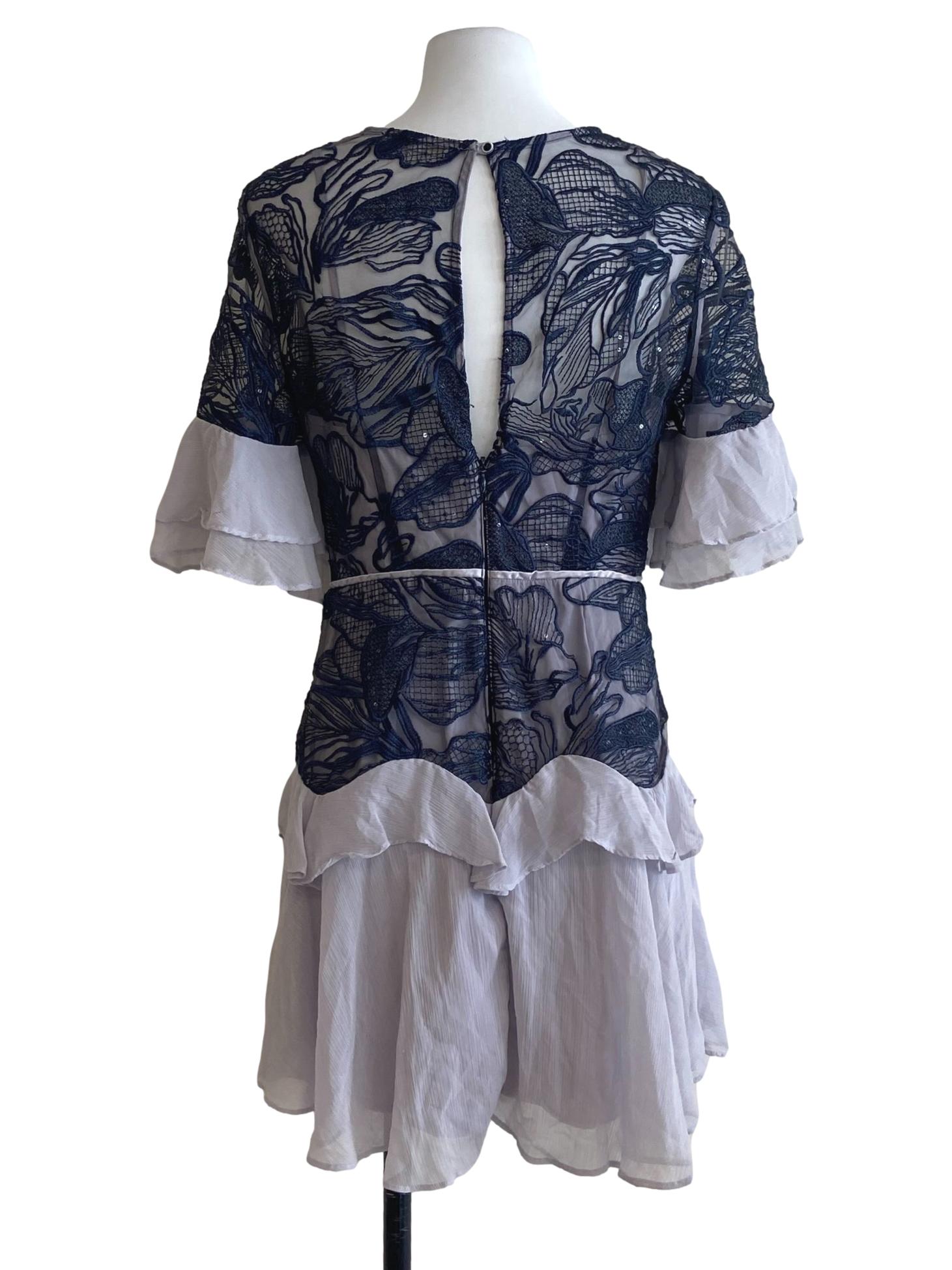 Blue & Cloud Grey Floral Beads Ruffled Dress
