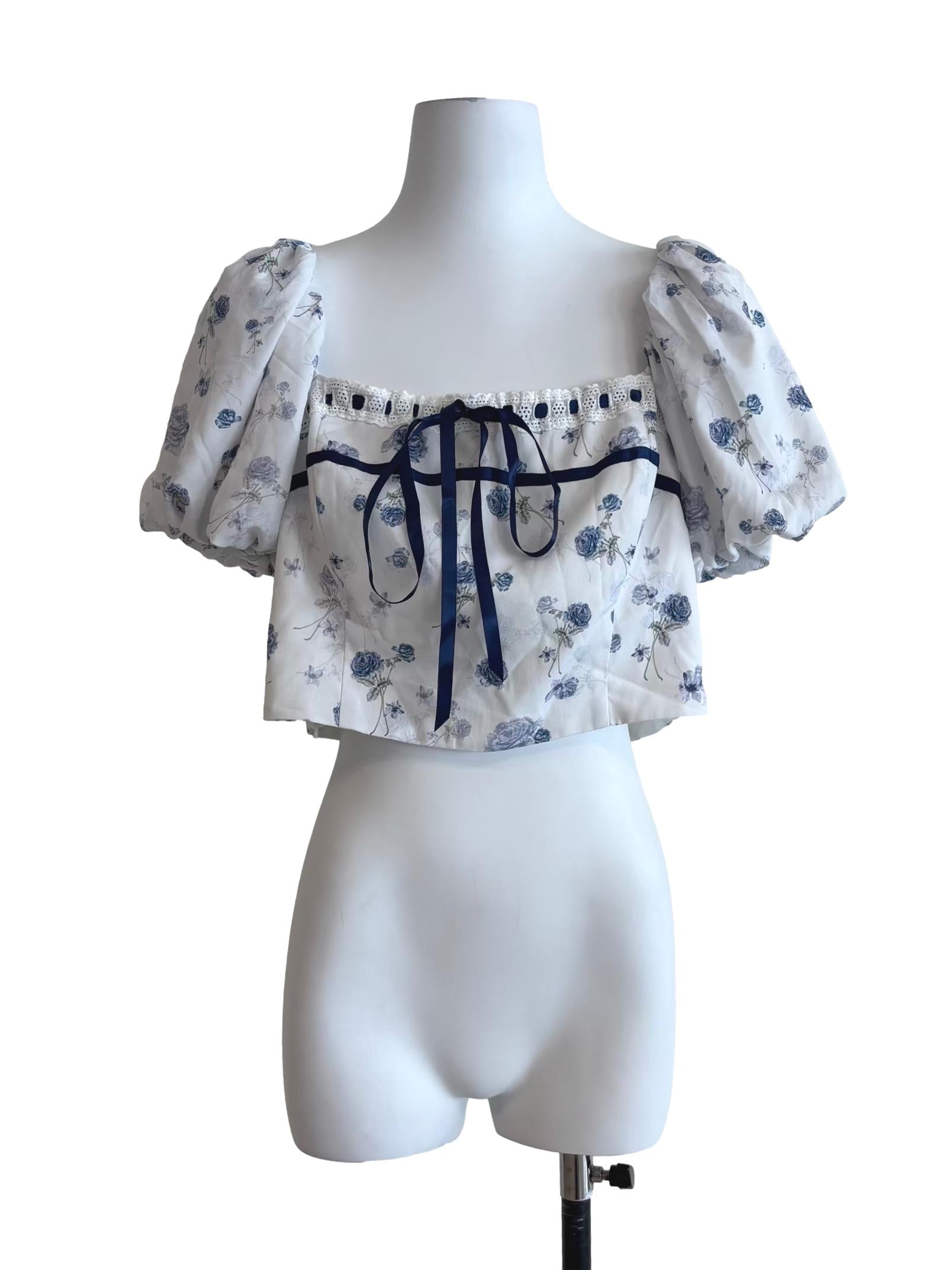 Powder White Blue Floral Top