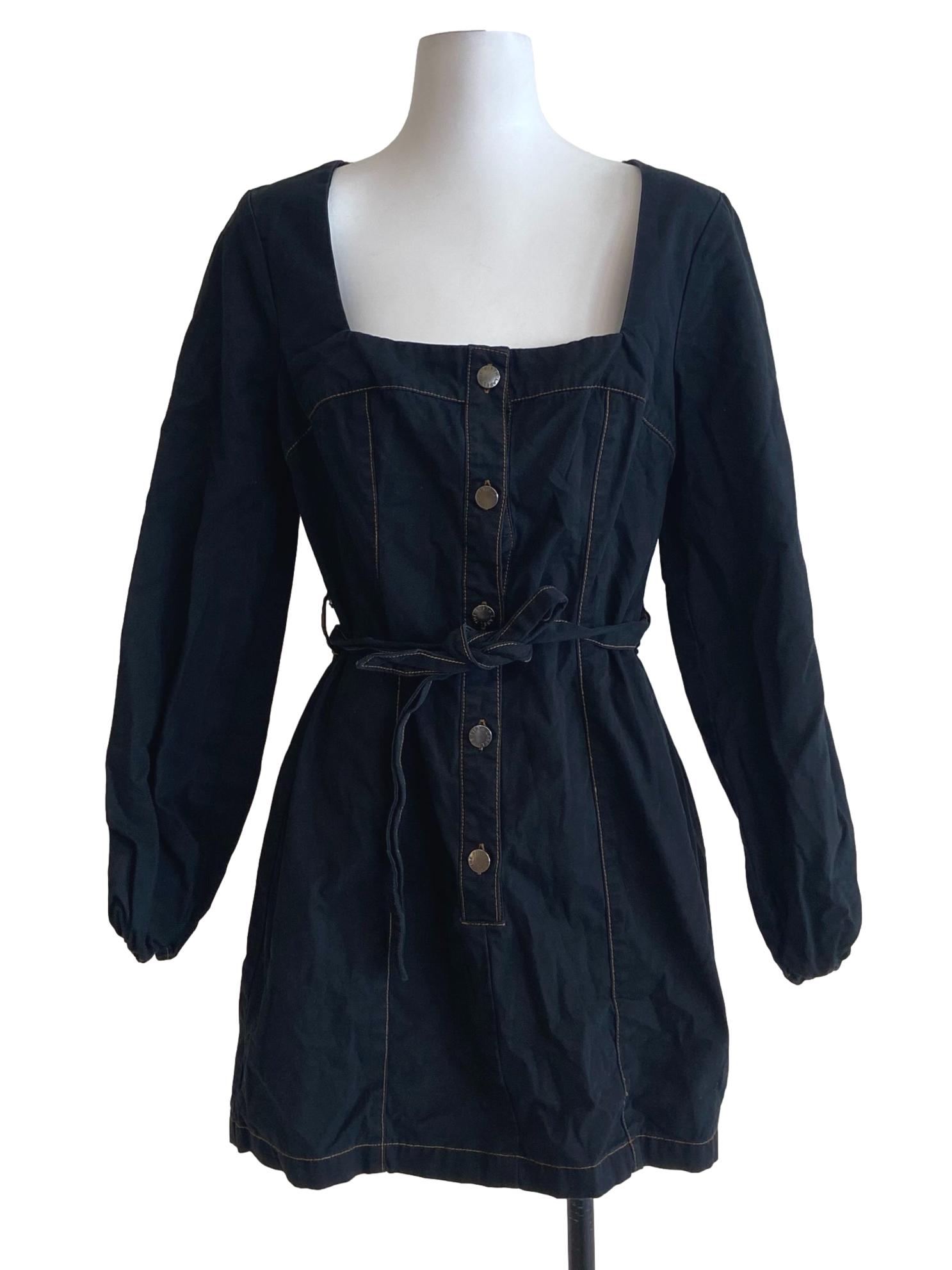 Black Square Neck Button Down Shirt Dress