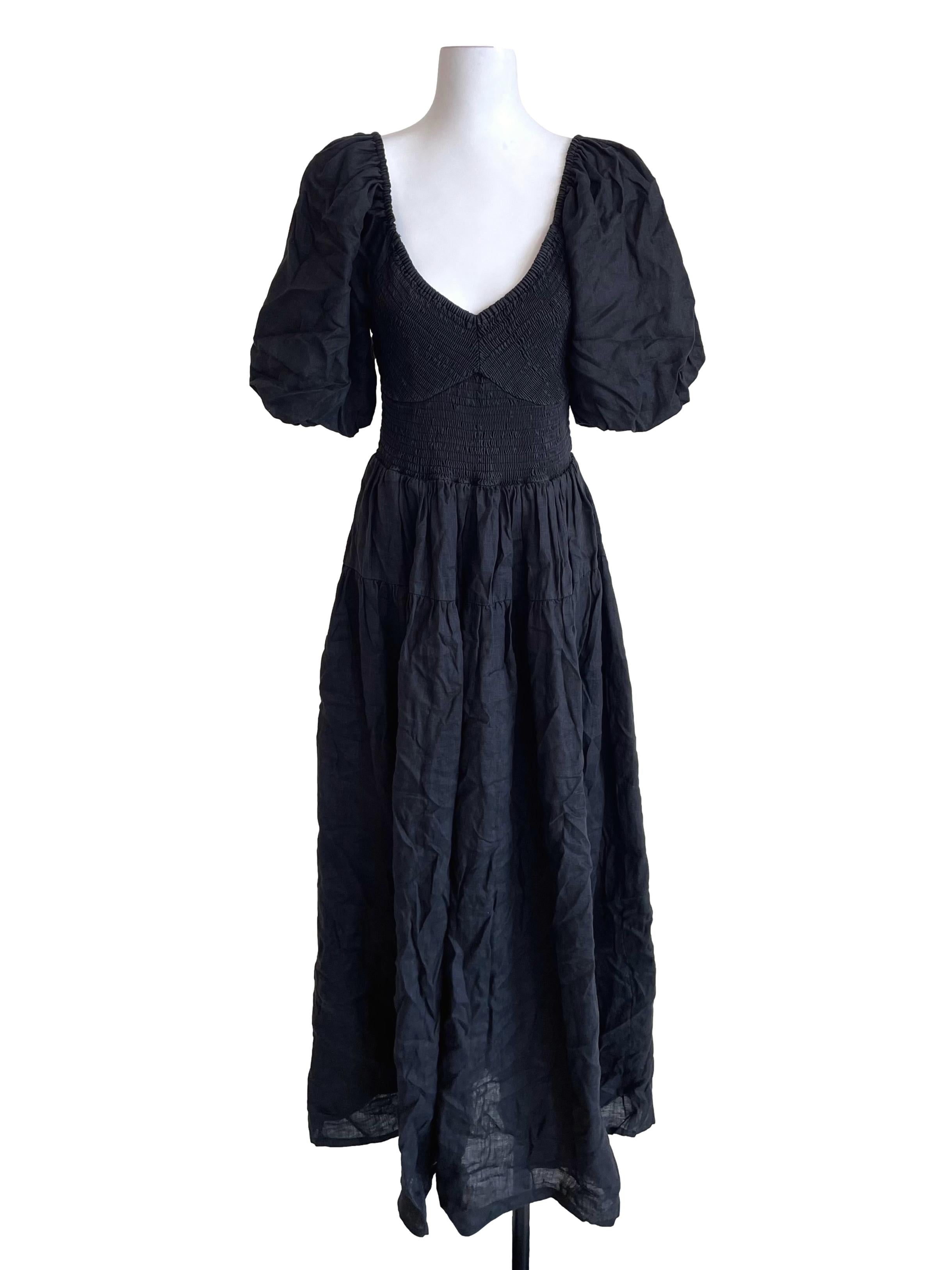 Charcoal Puff Sleeves Shirred Dress