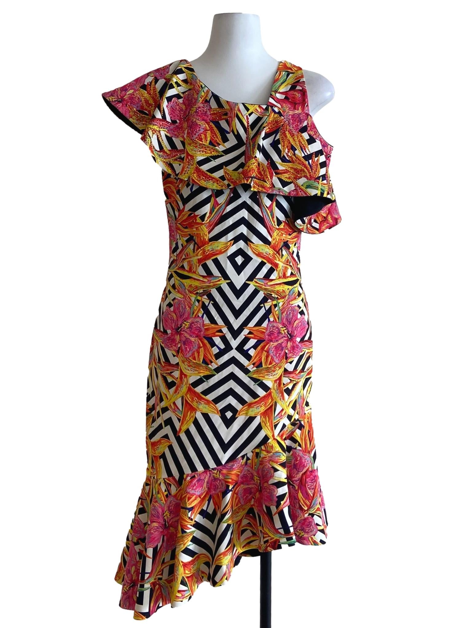 White & Black Stripe Floral Beads Asymmetric Dress
