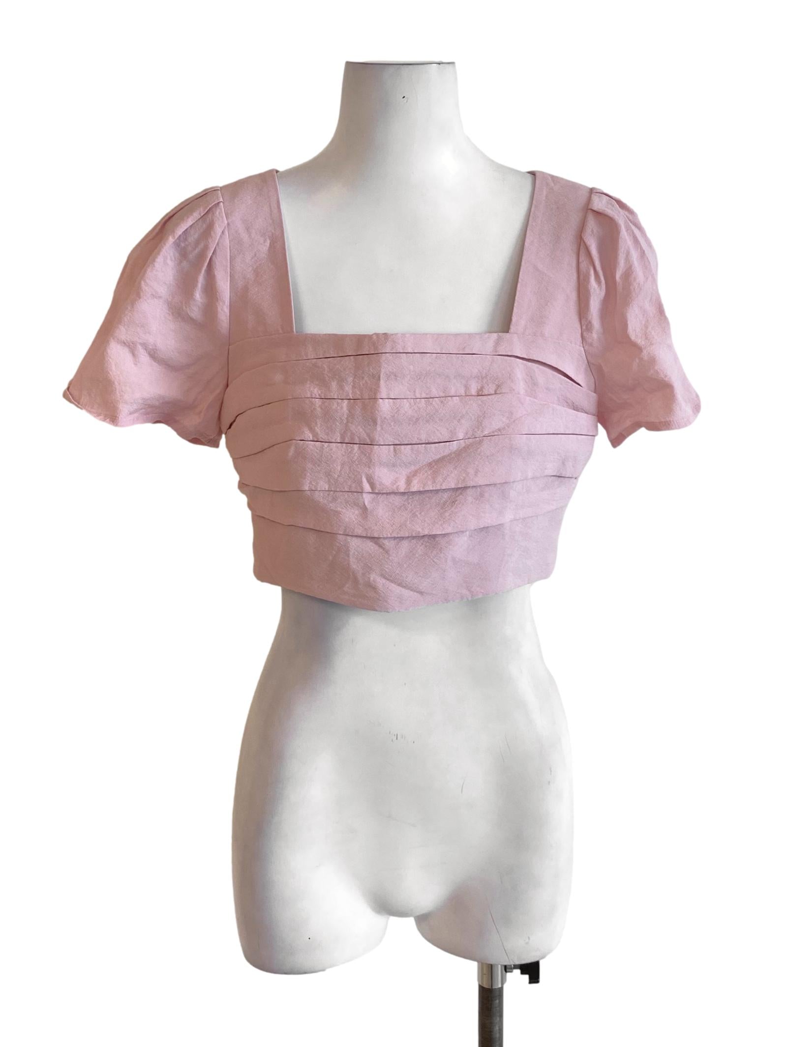 Crepe Pink Pleated Bust Cropped Blouse