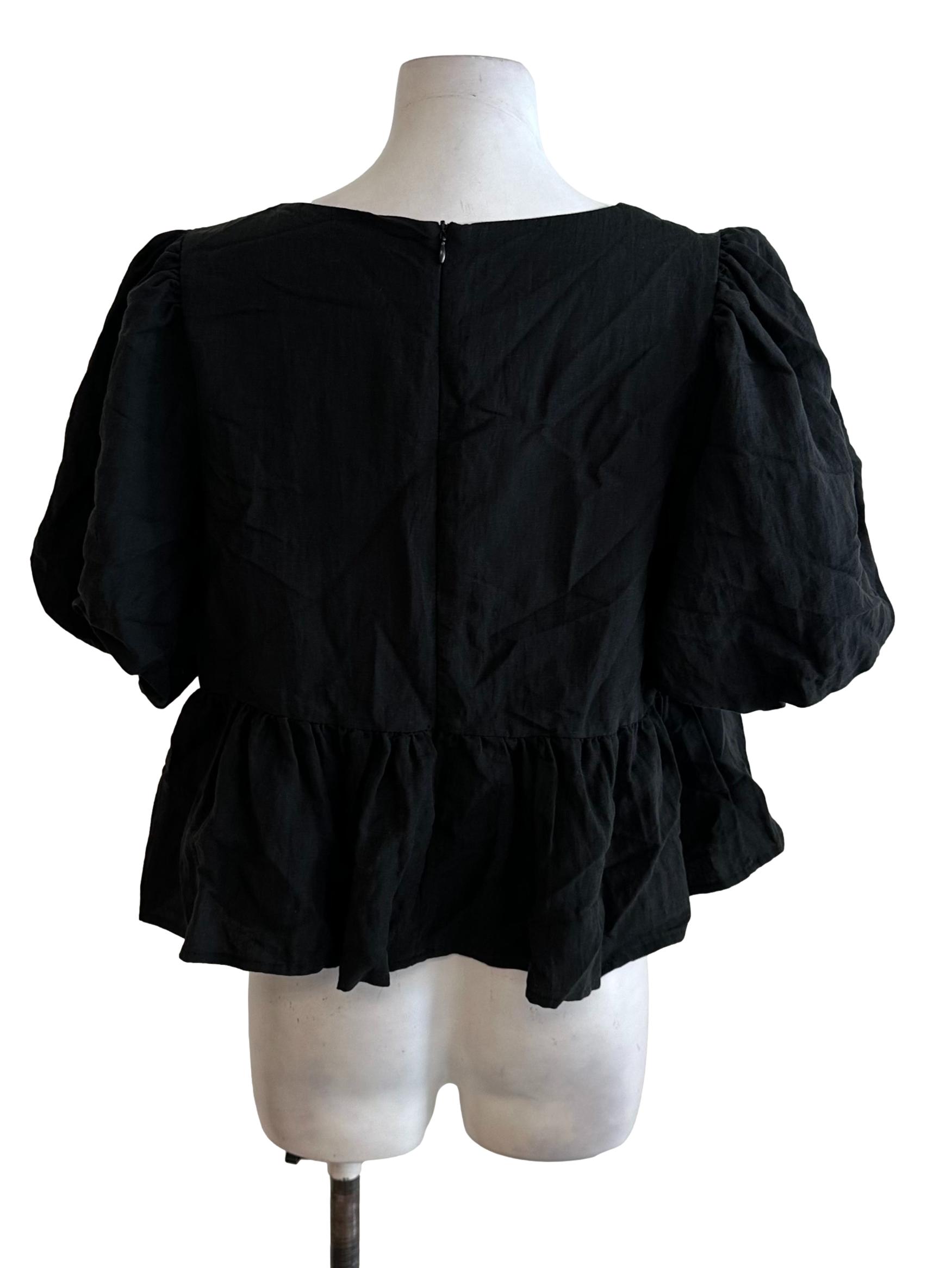 Raven Black Ribbon Puff Sleeve Top