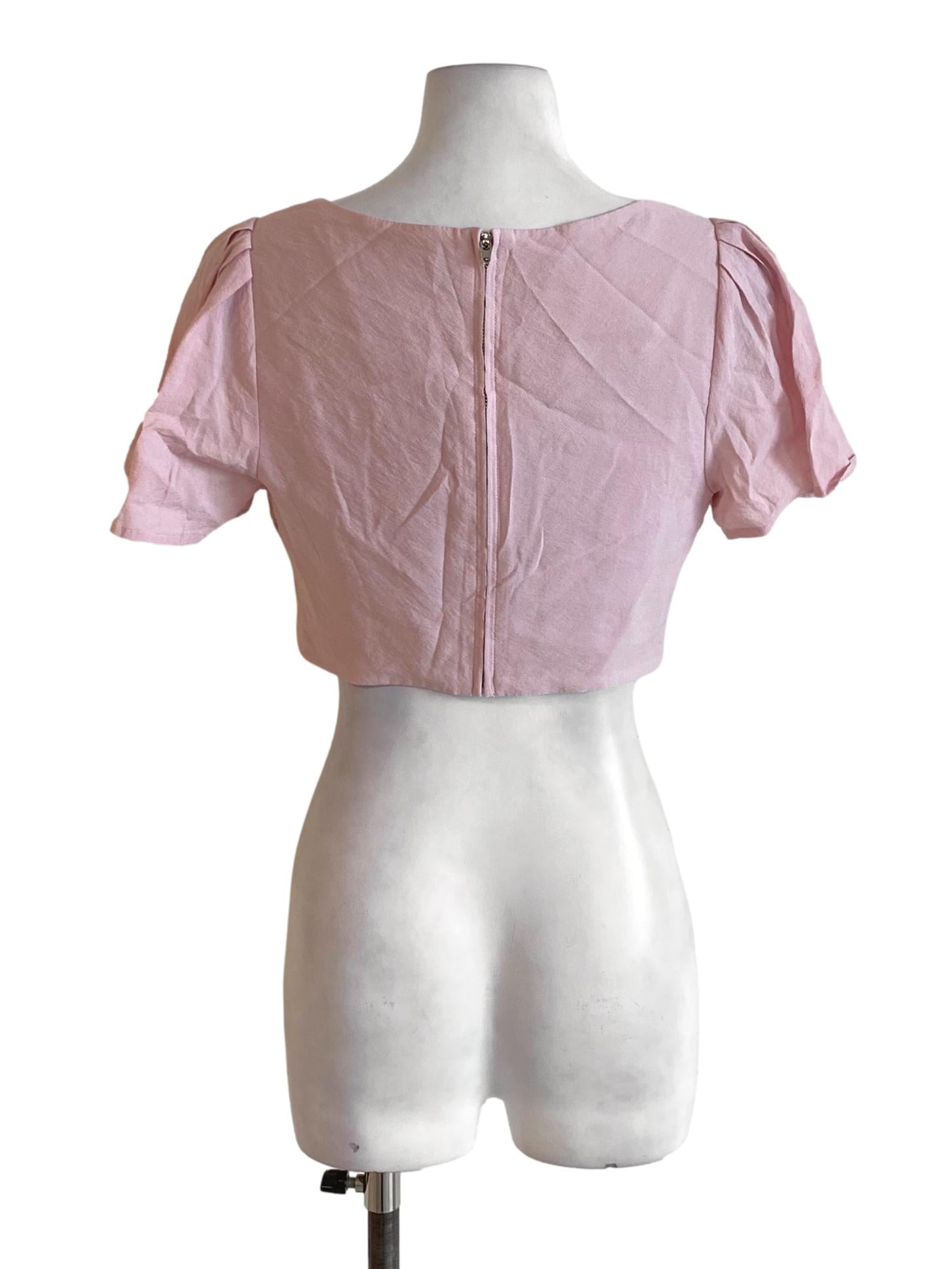 Crepe Pink Pleated Bust Cropped Blouse