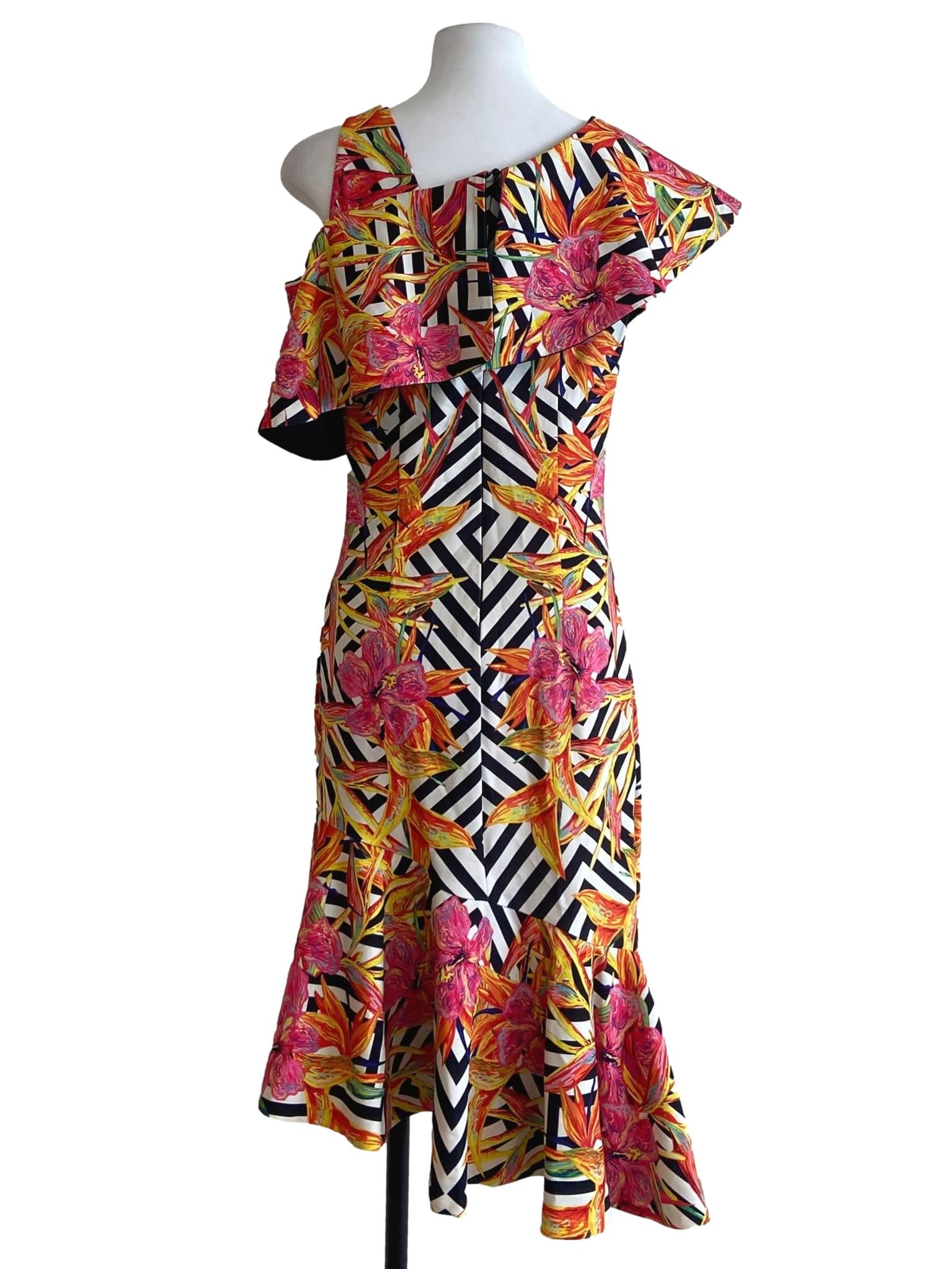 White & Black Stripe Floral Beads Asymmetric Dress