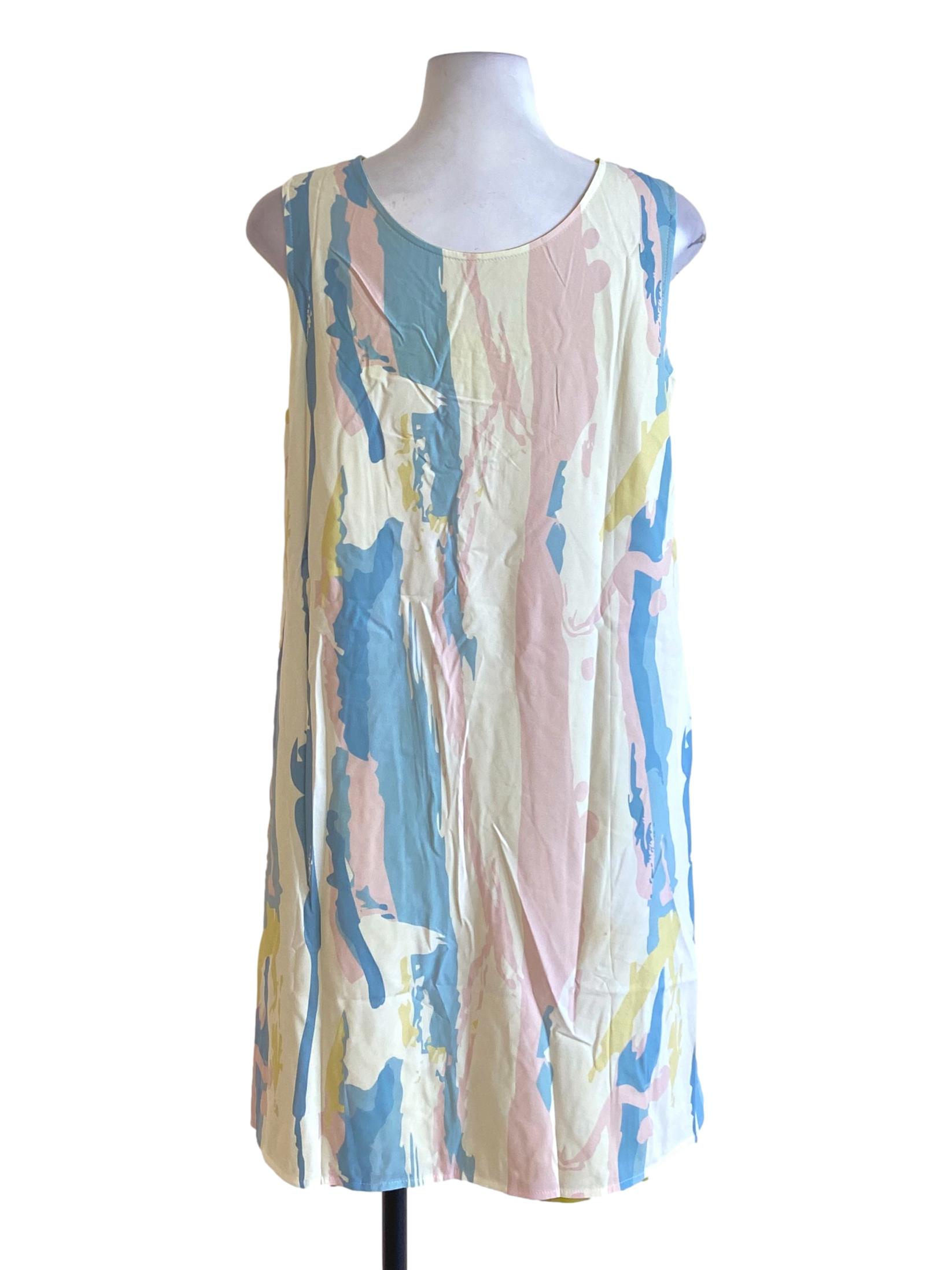 Pink Blue Abstract V-Neck Shift Dress