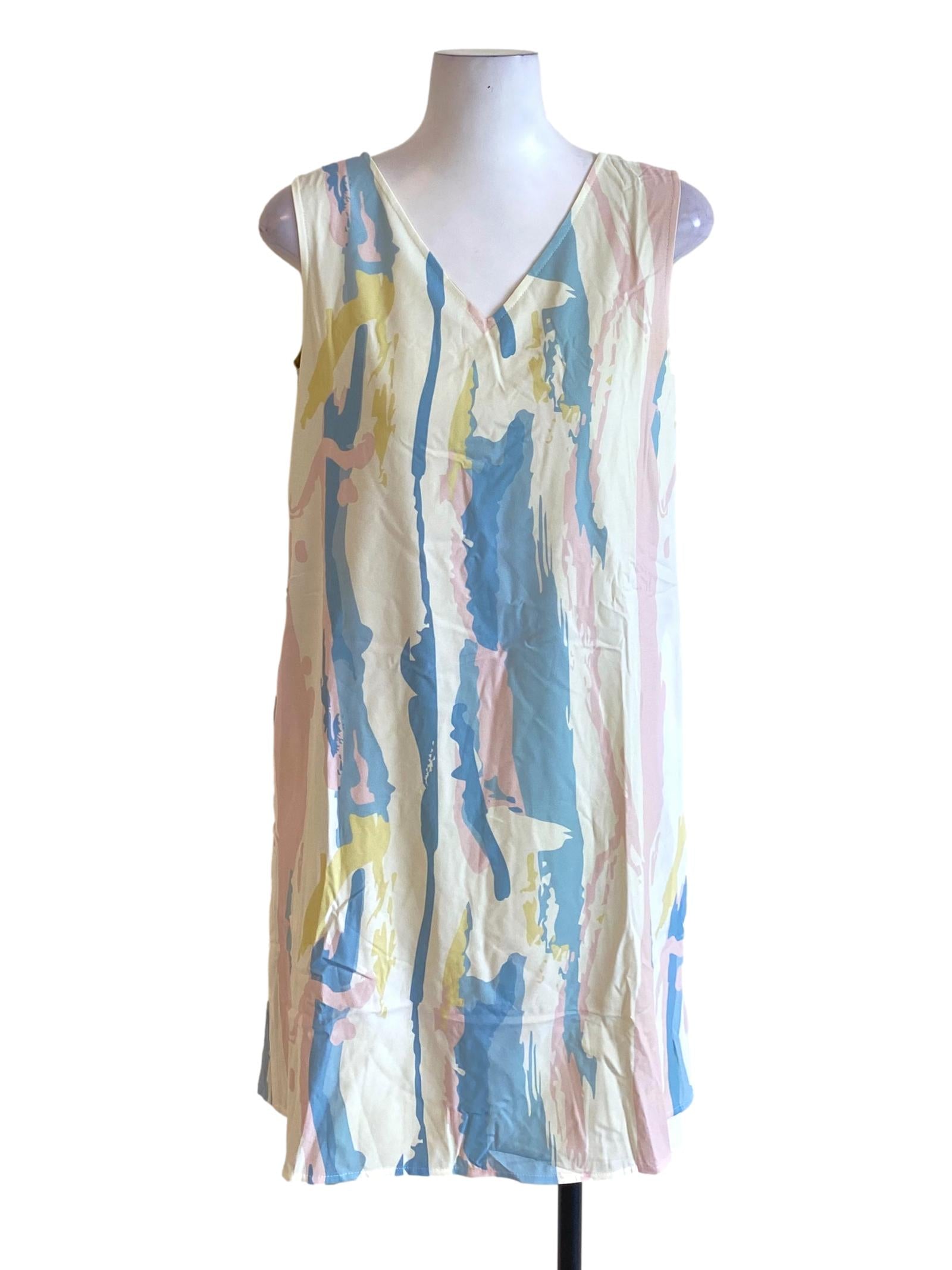 Pink Blue Abstract V-Neck Shift Dress