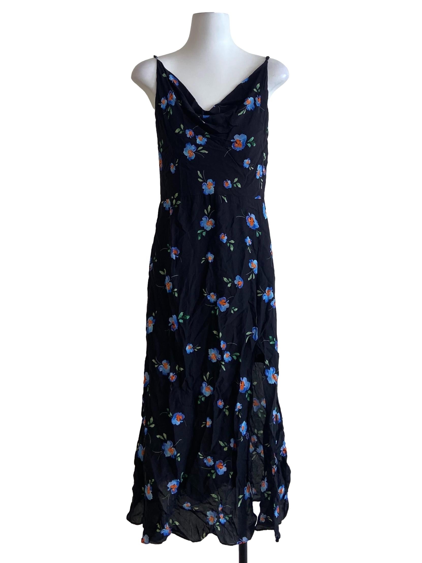 Black Spaghetti Strap Floral Slit Dress