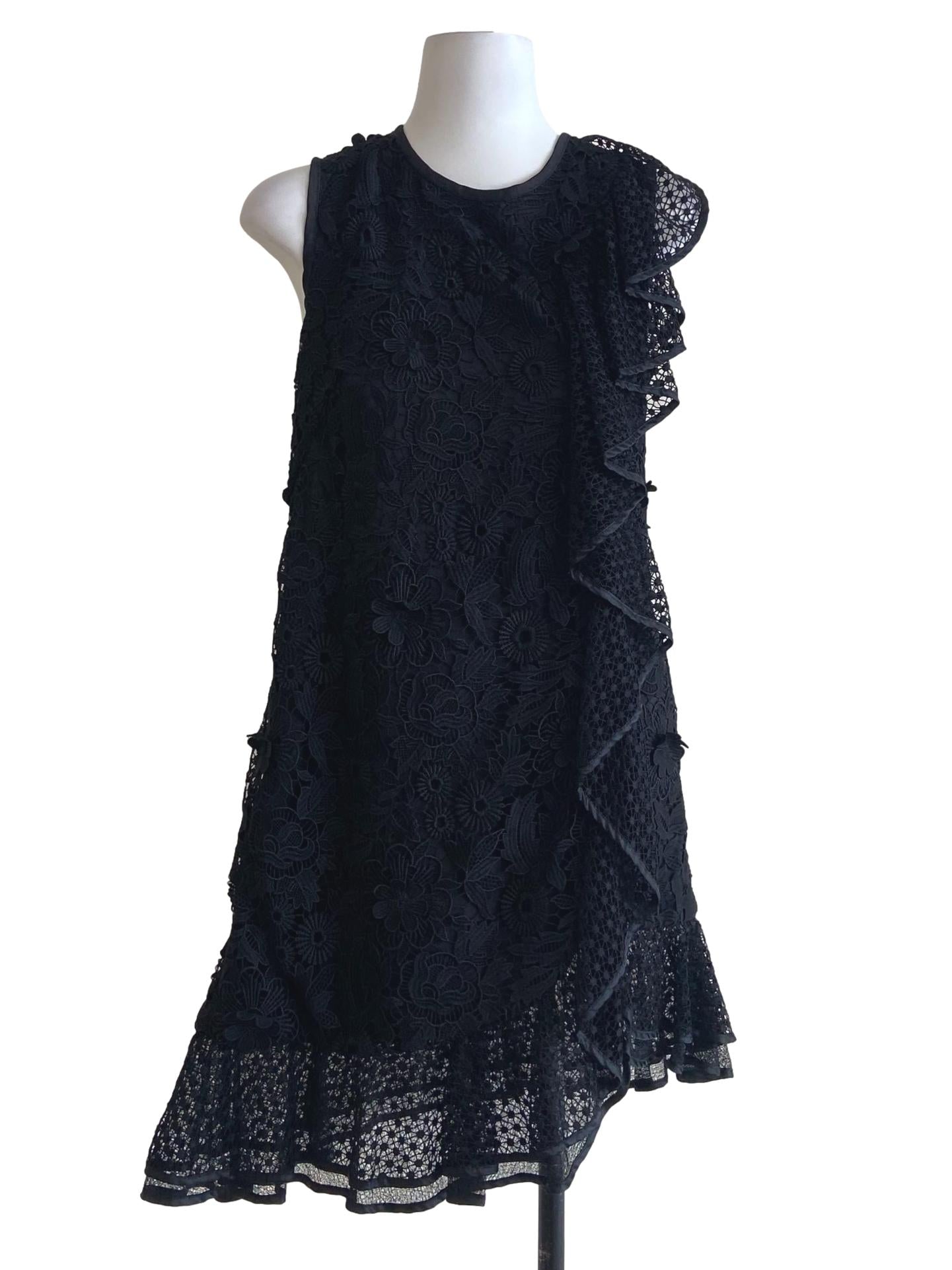 Black Floral Lace Sleeveless Ruffled Shift Dress
