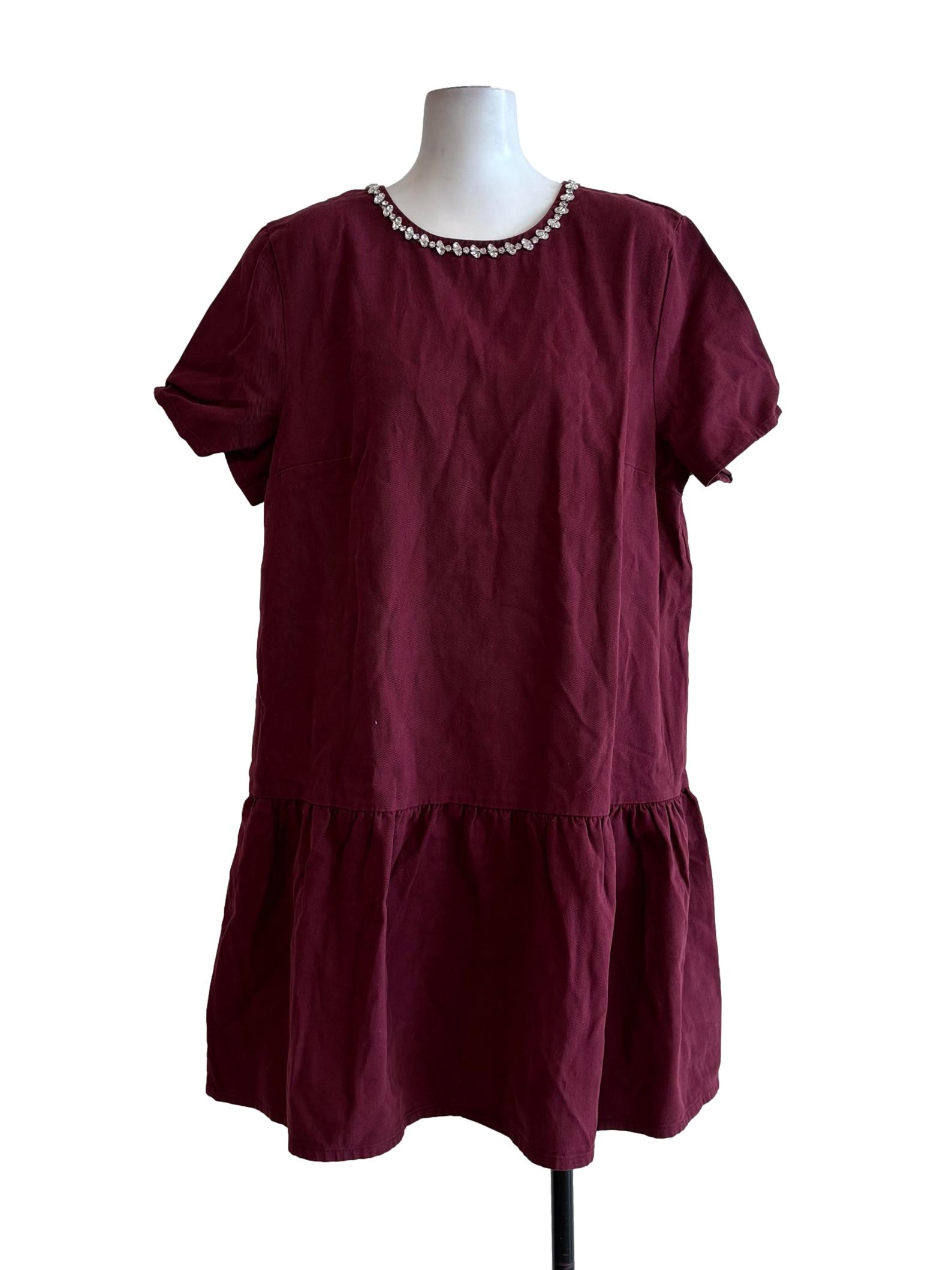 Burgundy Short Sleeve Diamond Neckline Dress