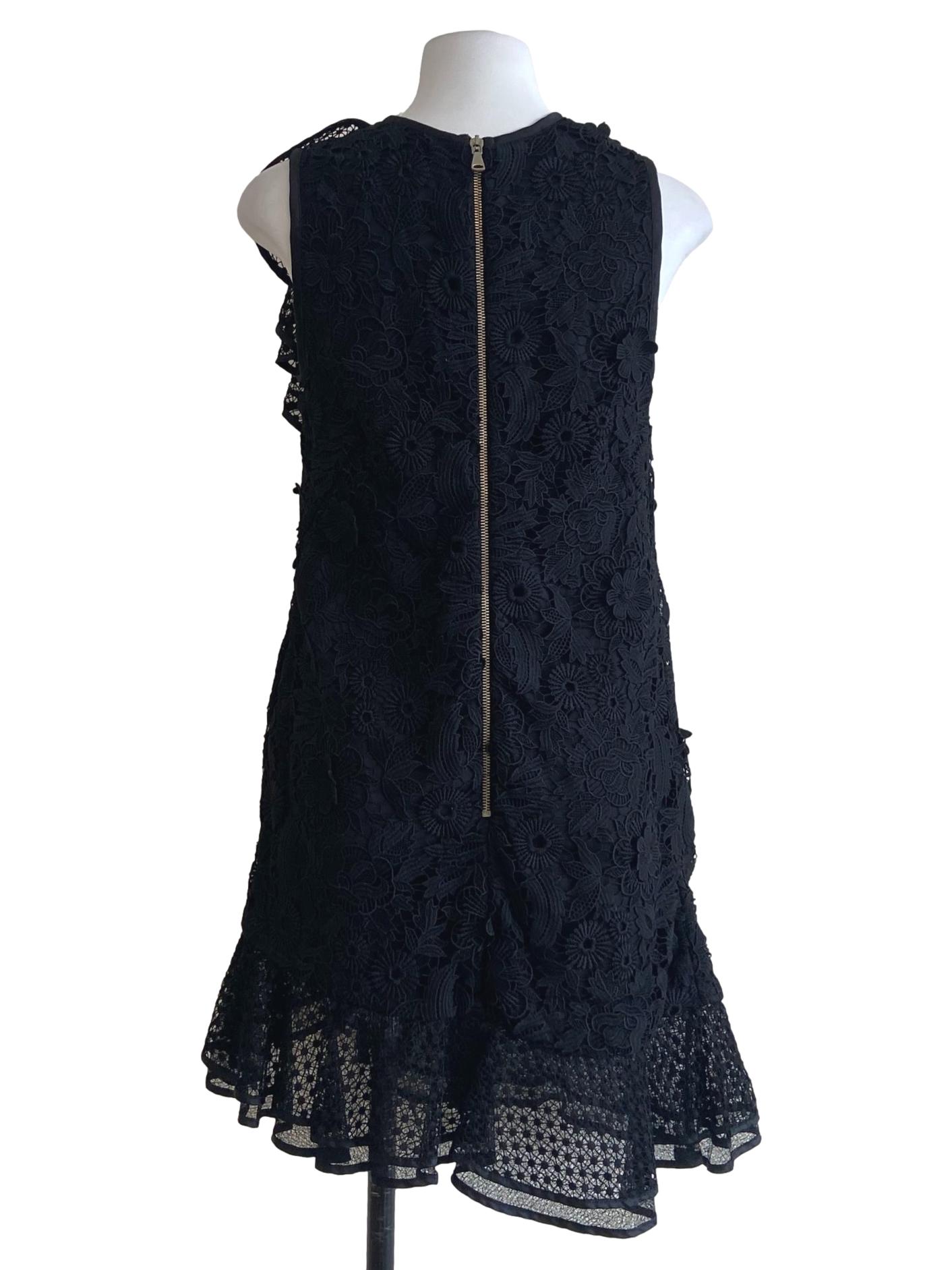 Black Floral Lace Sleeveless Ruffled Shift Dress