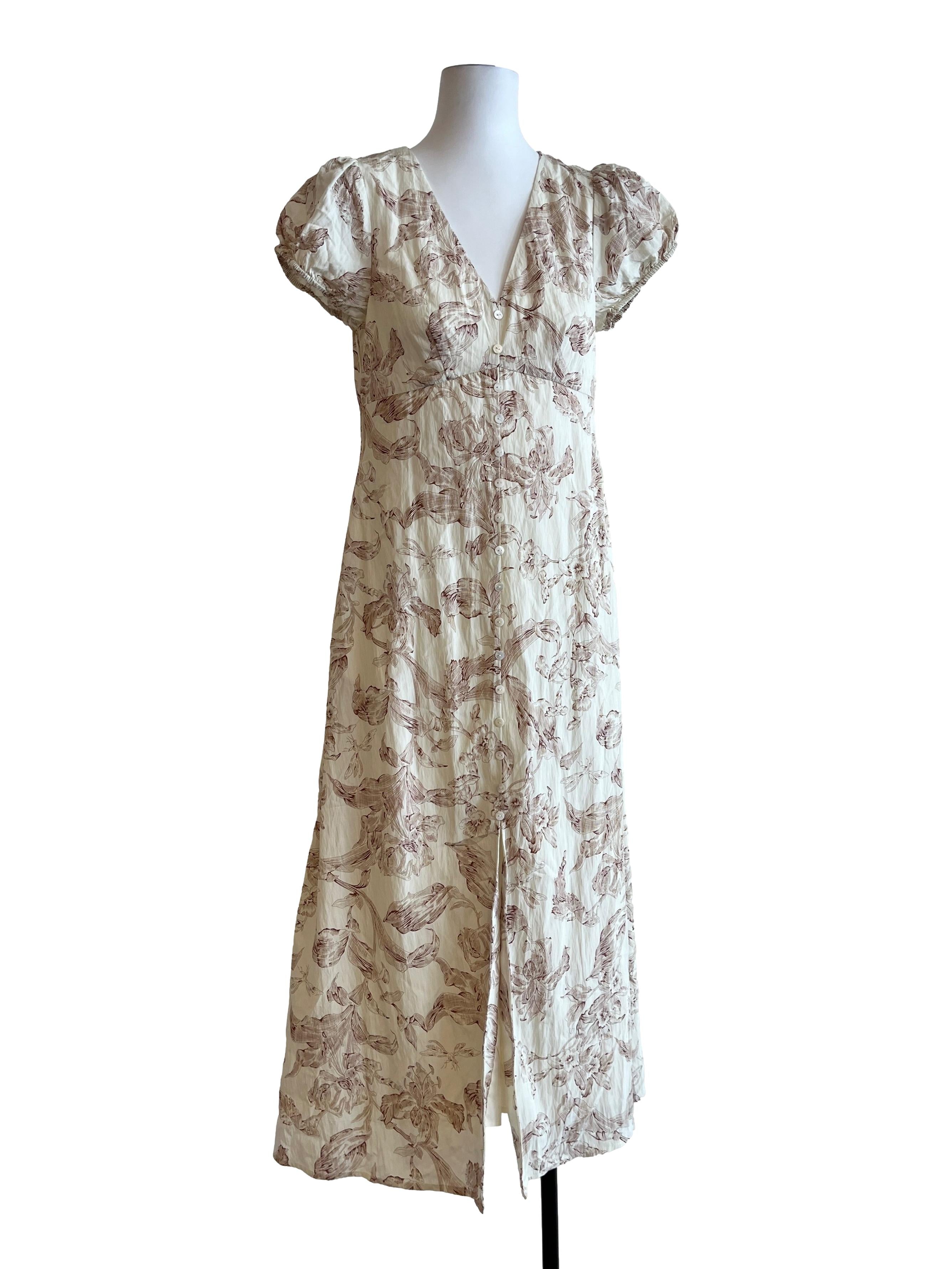 Cream White Floral Printed V-Neck Dress