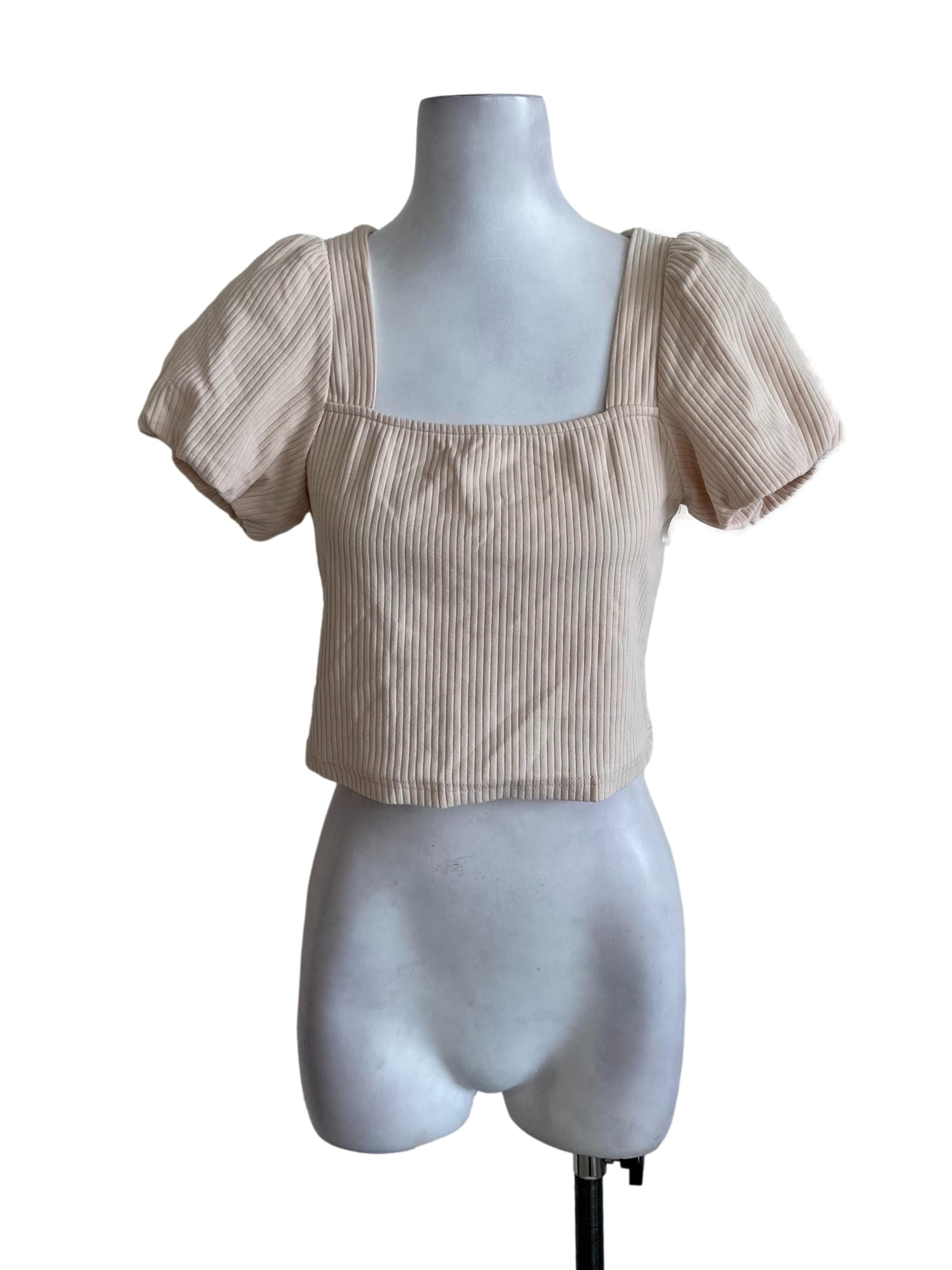 Cream Beige Knit Puff Sleeve Top