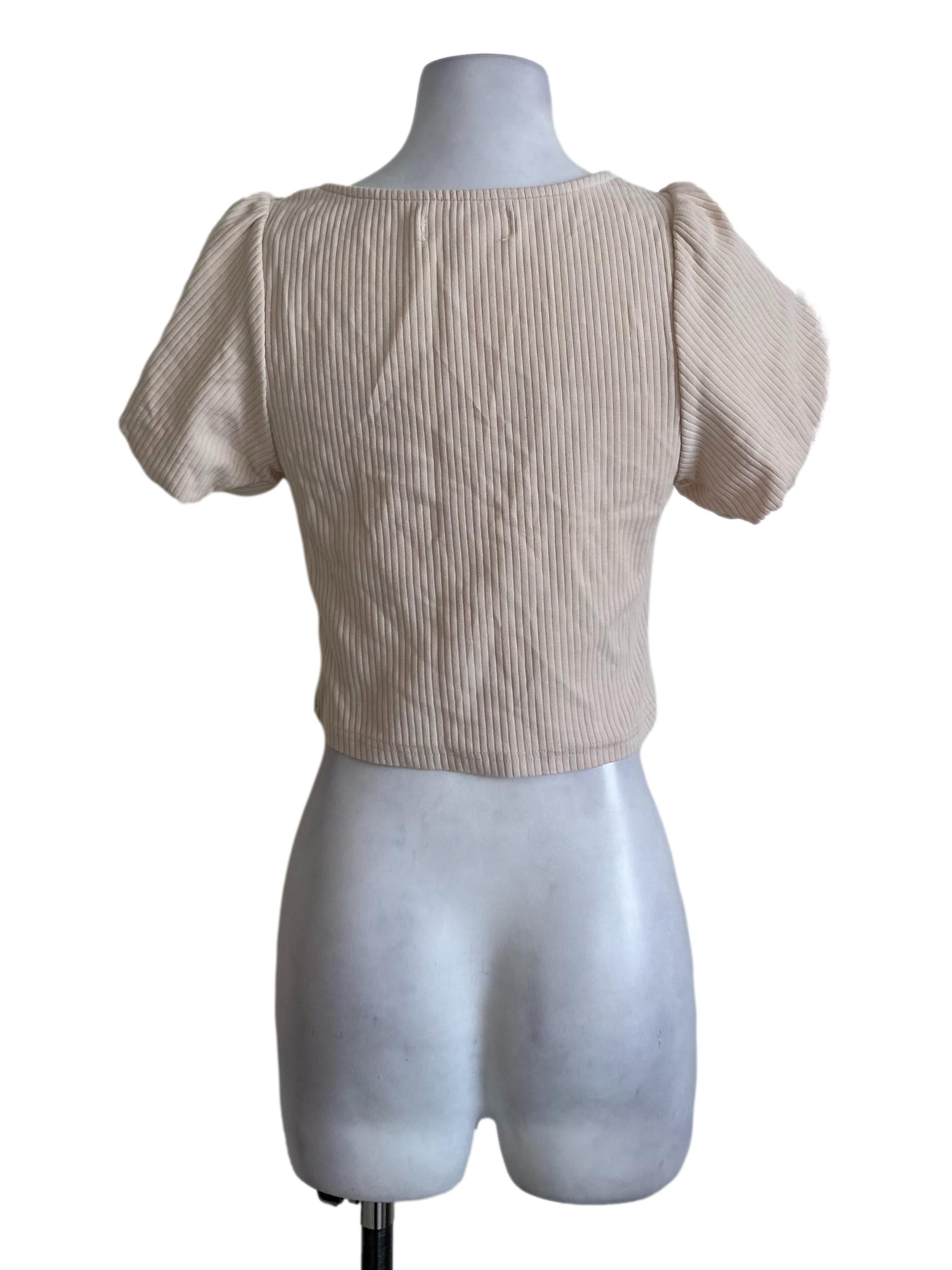 Cream Beige Knit Puff Sleeve Top