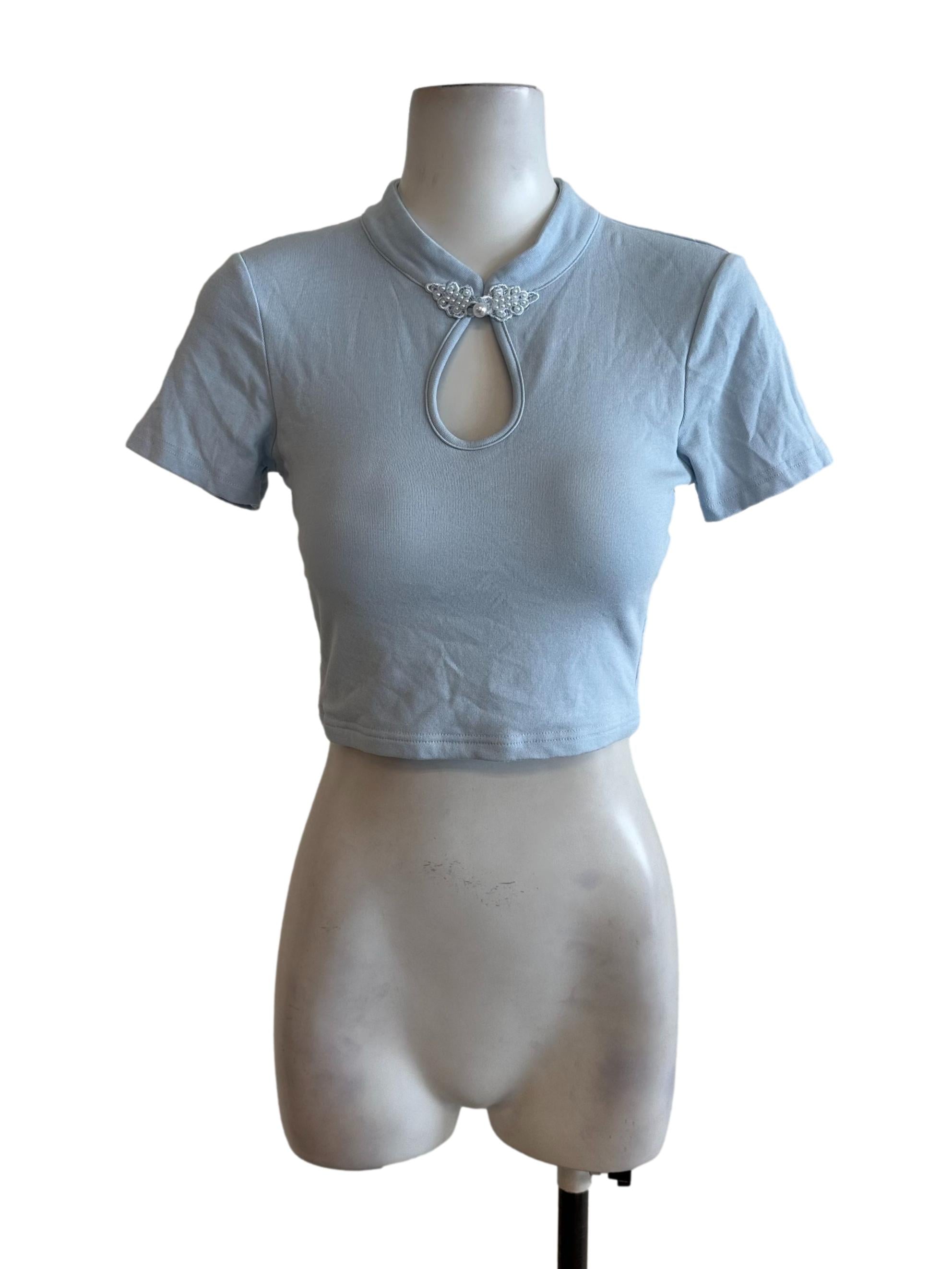 Light Blue Mandarin Short Sleeve Crop Top